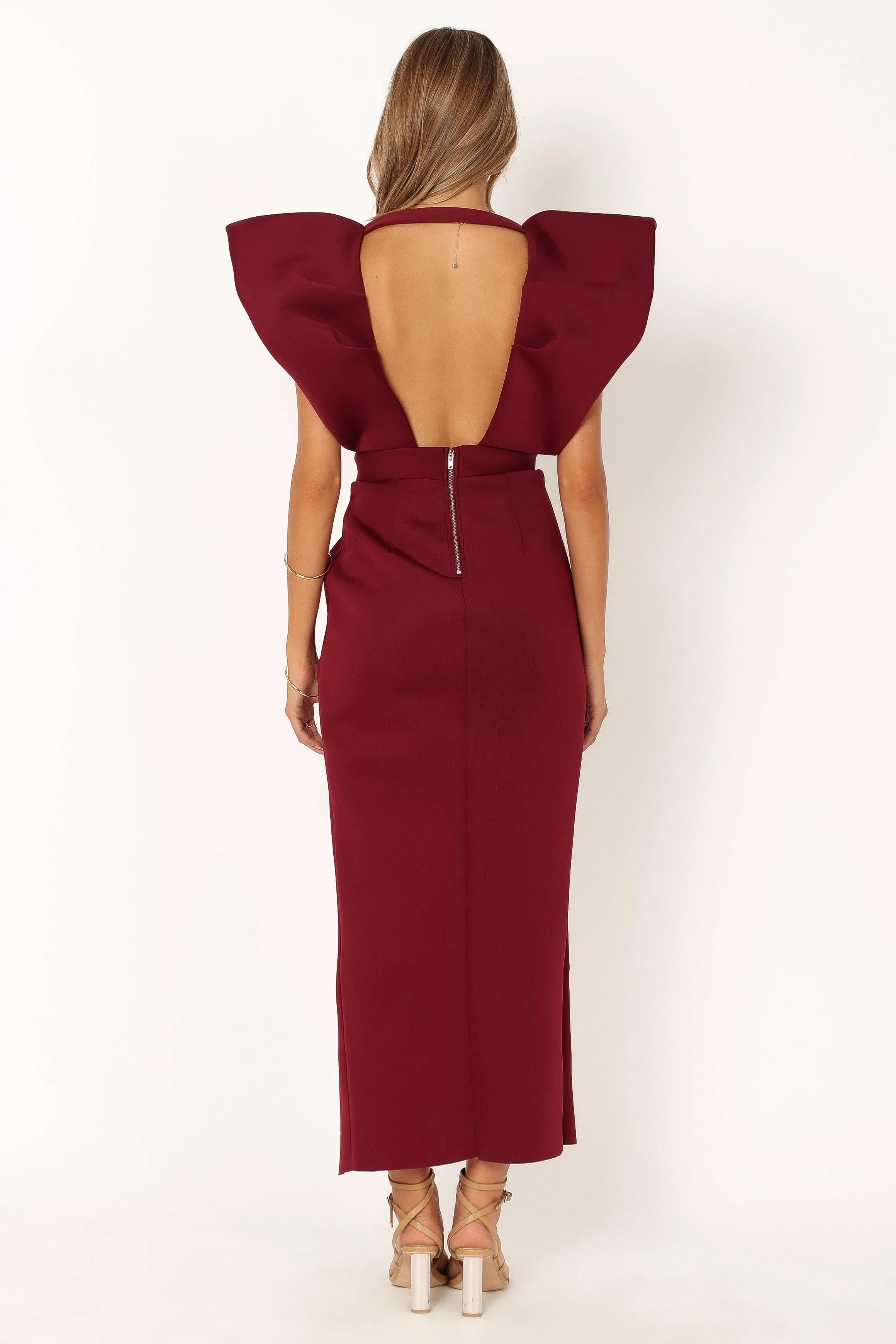 Augie Frill Shoulder Maxi Dress Burgundy