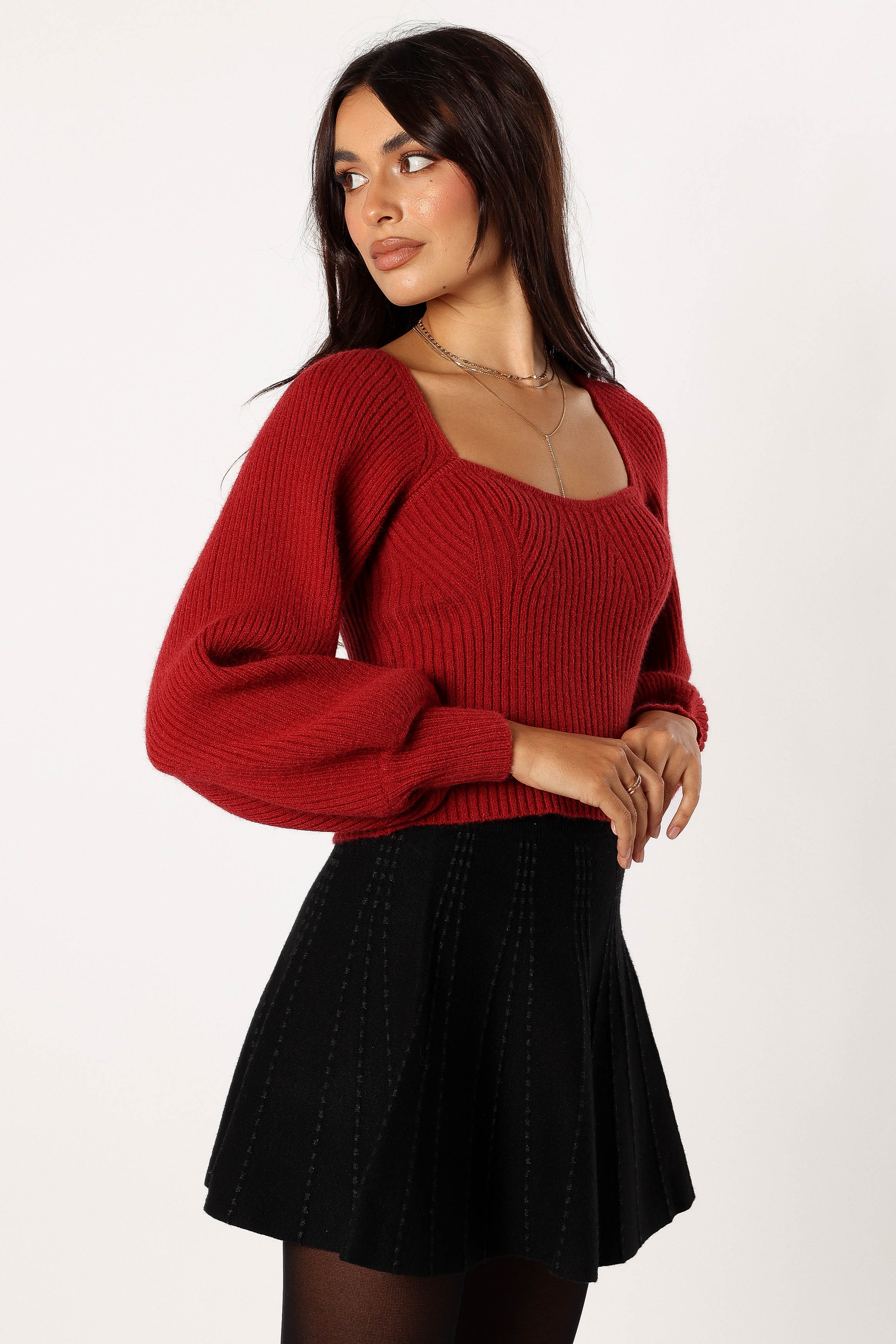 Gia Sweetheart Neck Bell Sleeve Knit Sweater Wine