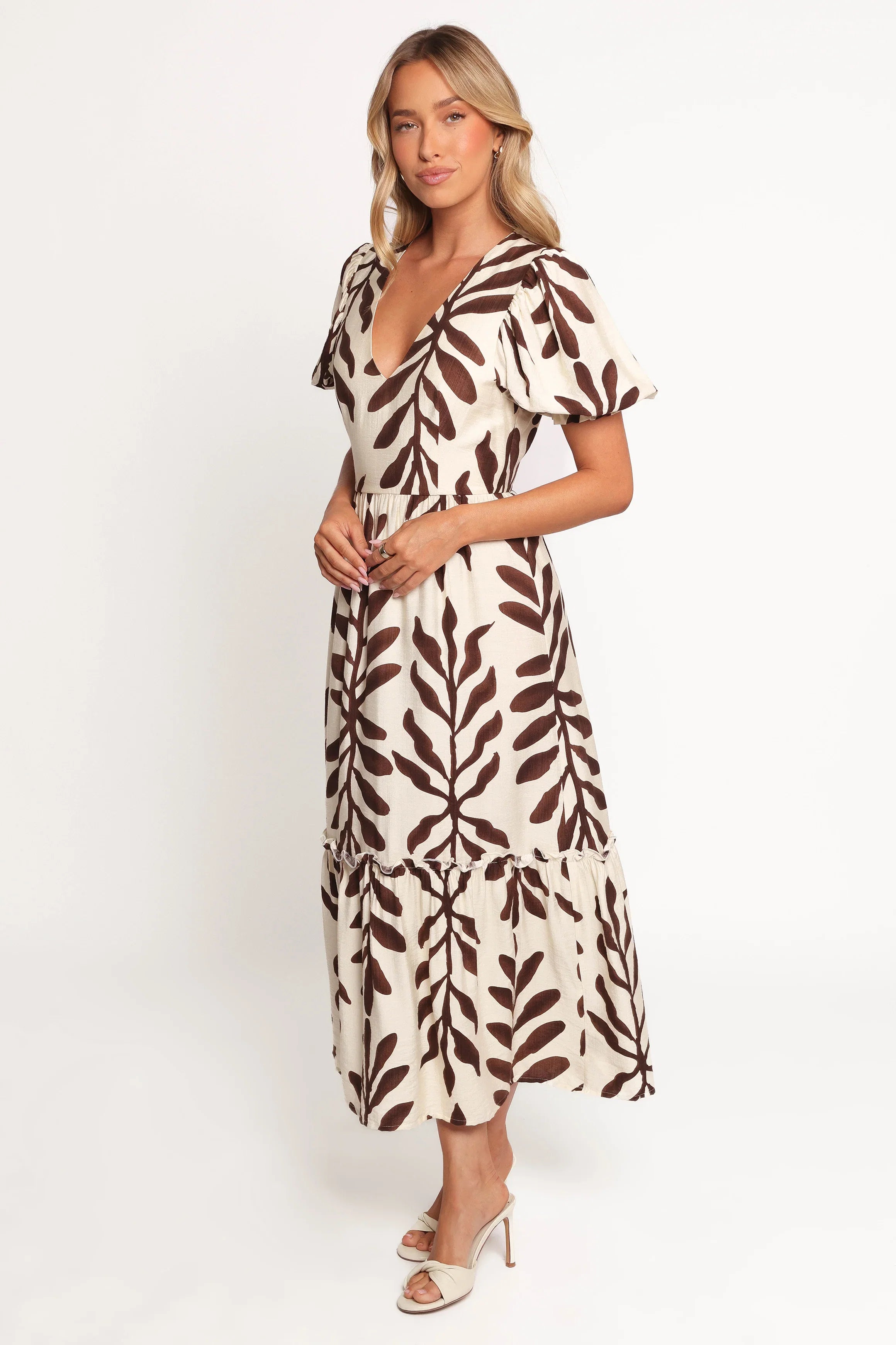 Steele Puff Sleeve Midi Dress Brown Palm