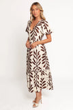 Steele Puff Sleeve Midi Dress Brown Palm