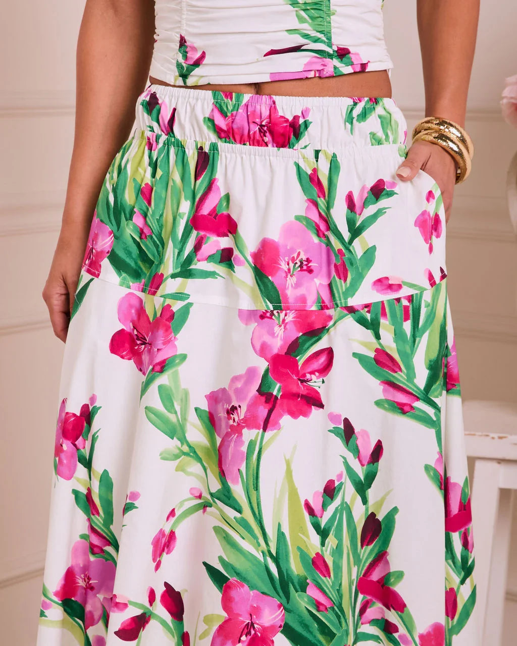 Fresh Gardenia Floral Midi Skirt