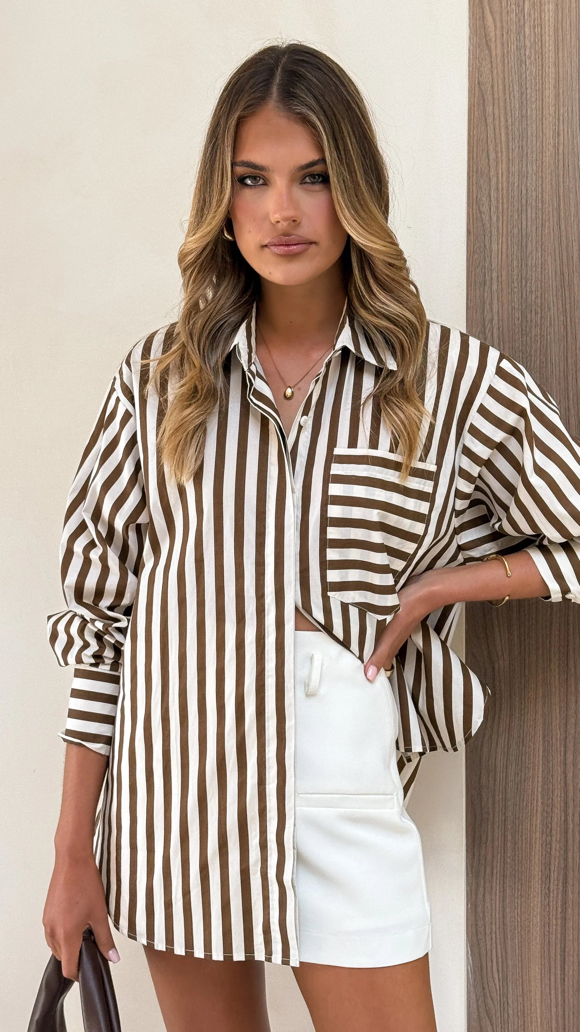 Zoah Long Sleeve Button Up Shirt Choc Champagne Stripe