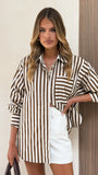 Zoah Long Sleeve Button Up Shirt Choc Champagne Stripe