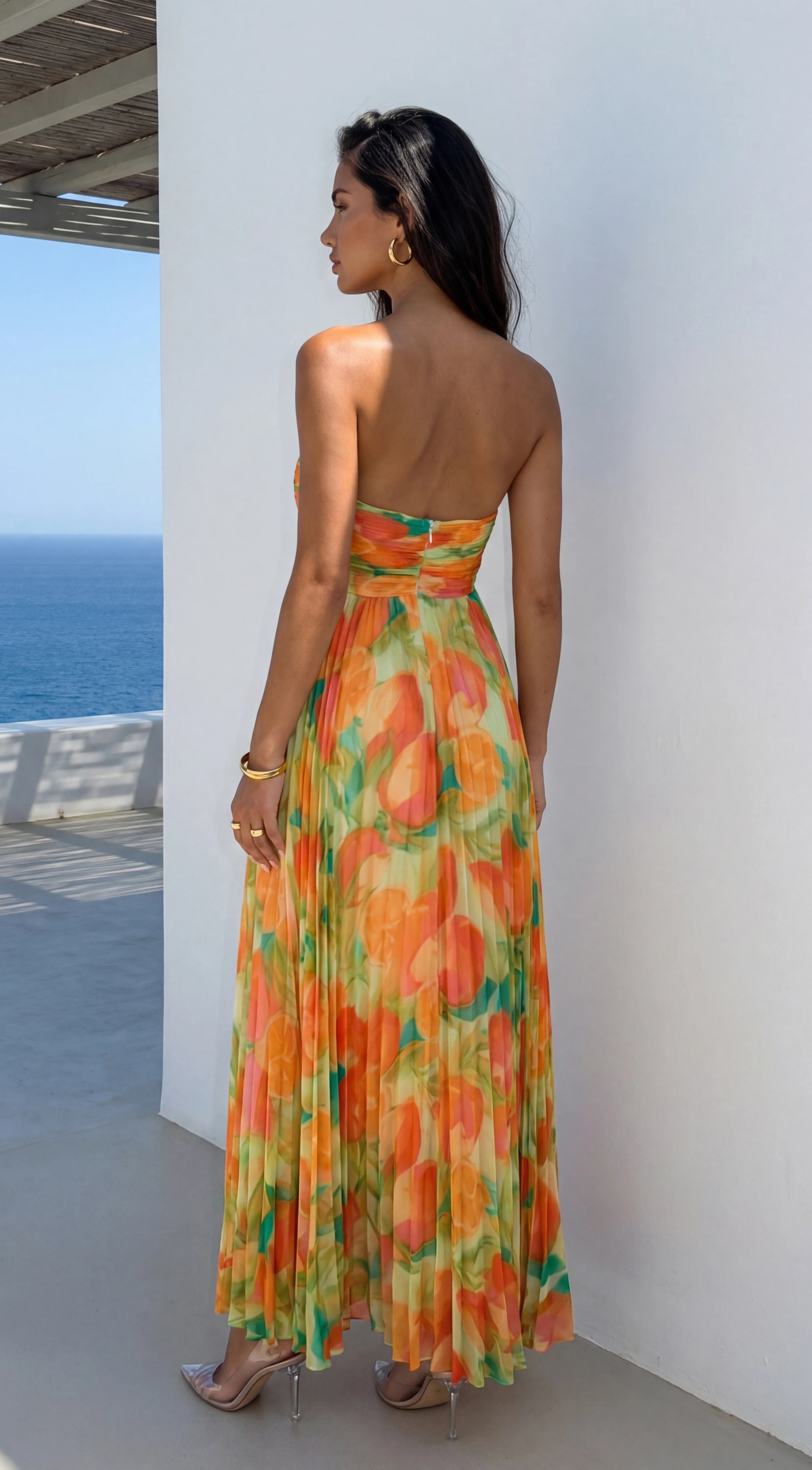 Nayira Floral Pleated Strapless Maxi Dress Orange Multi