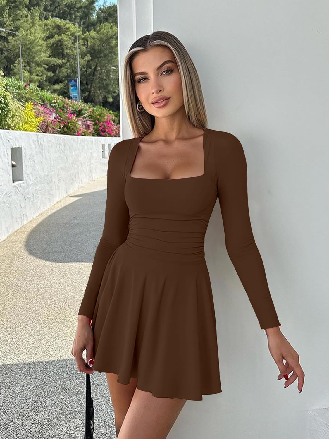 Square Neck Long Sleeve Mini Dress Ruffle Hem Corset Short Party Club Dresses