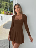 Square Neck Long Sleeve Mini Dress Ruffle Hem Corset Short Party Club Dresses