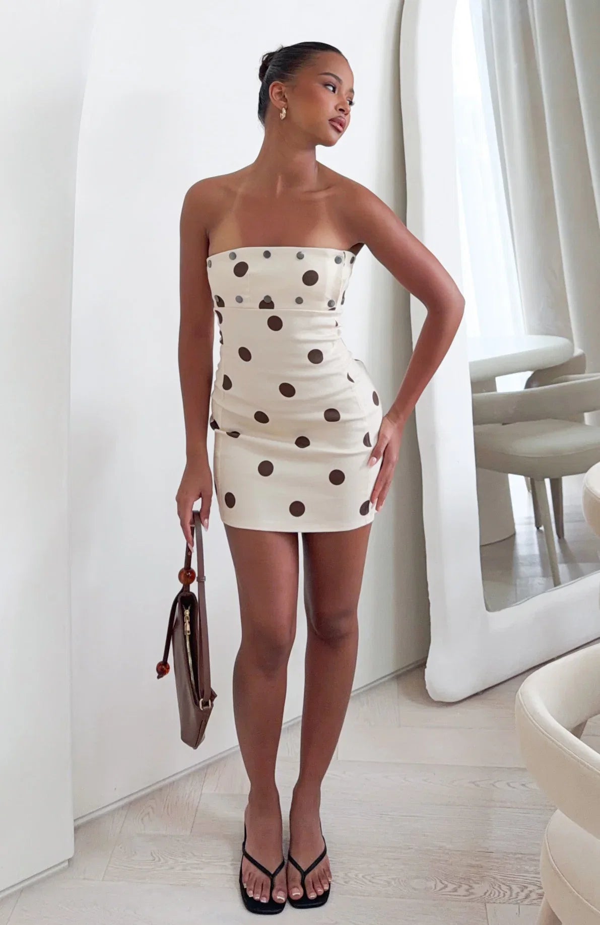 Luxe Envy Strapless Mini Dress Cream Chocolate Polka Dot
