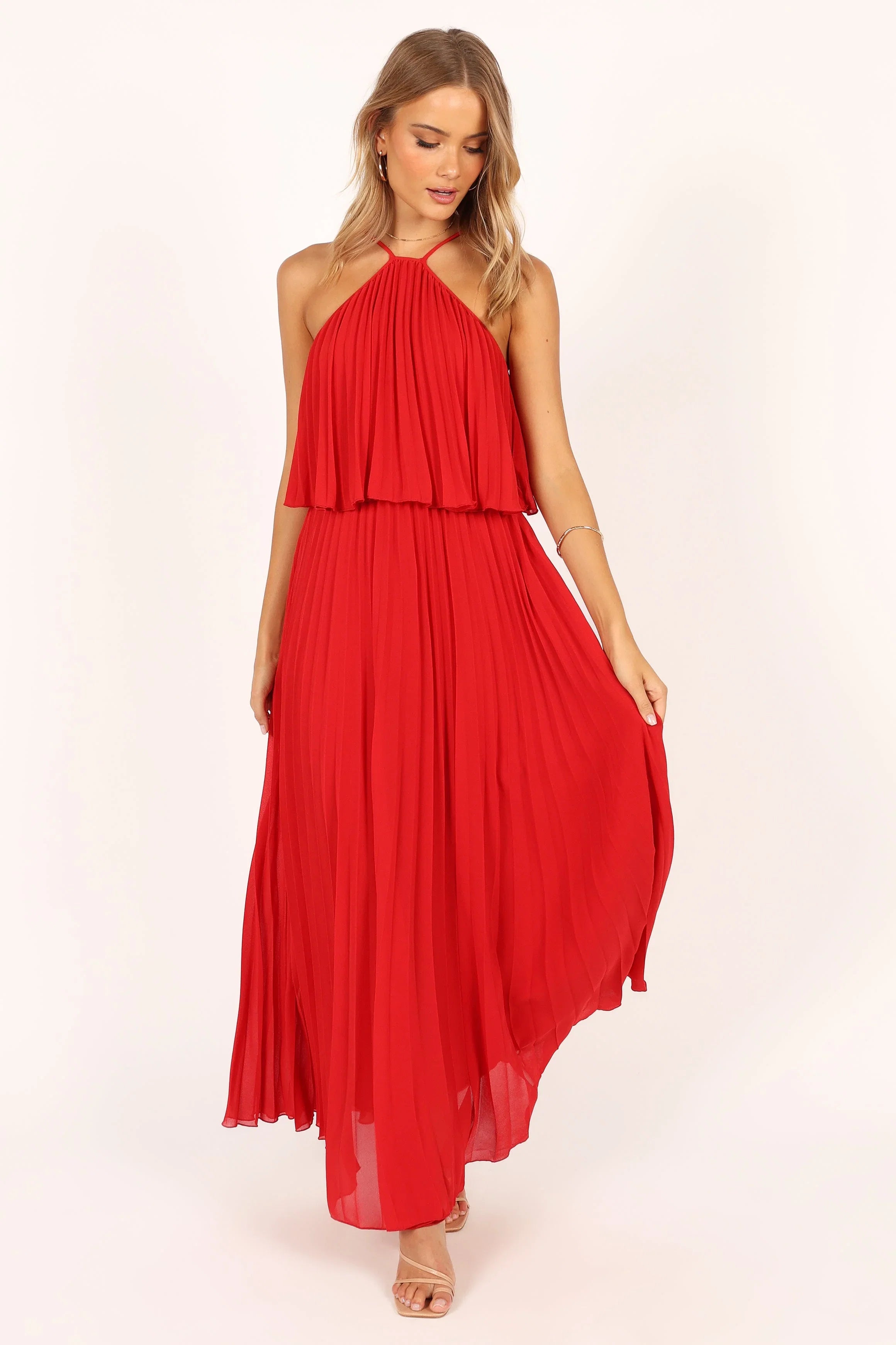 Gia Pleated Halterneck Maxi Dress Red