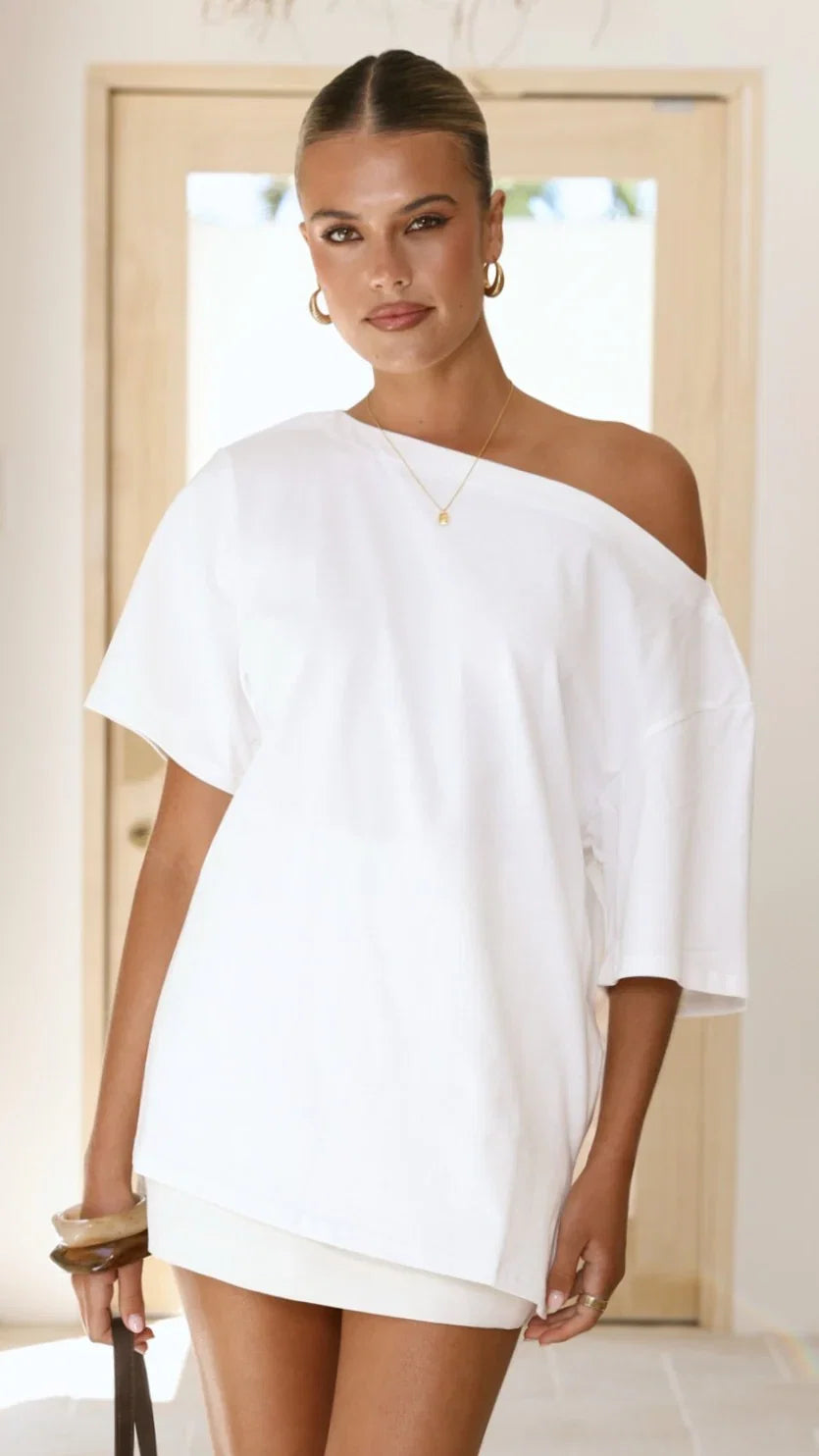 Pia One Shoulder Oversize Tee White