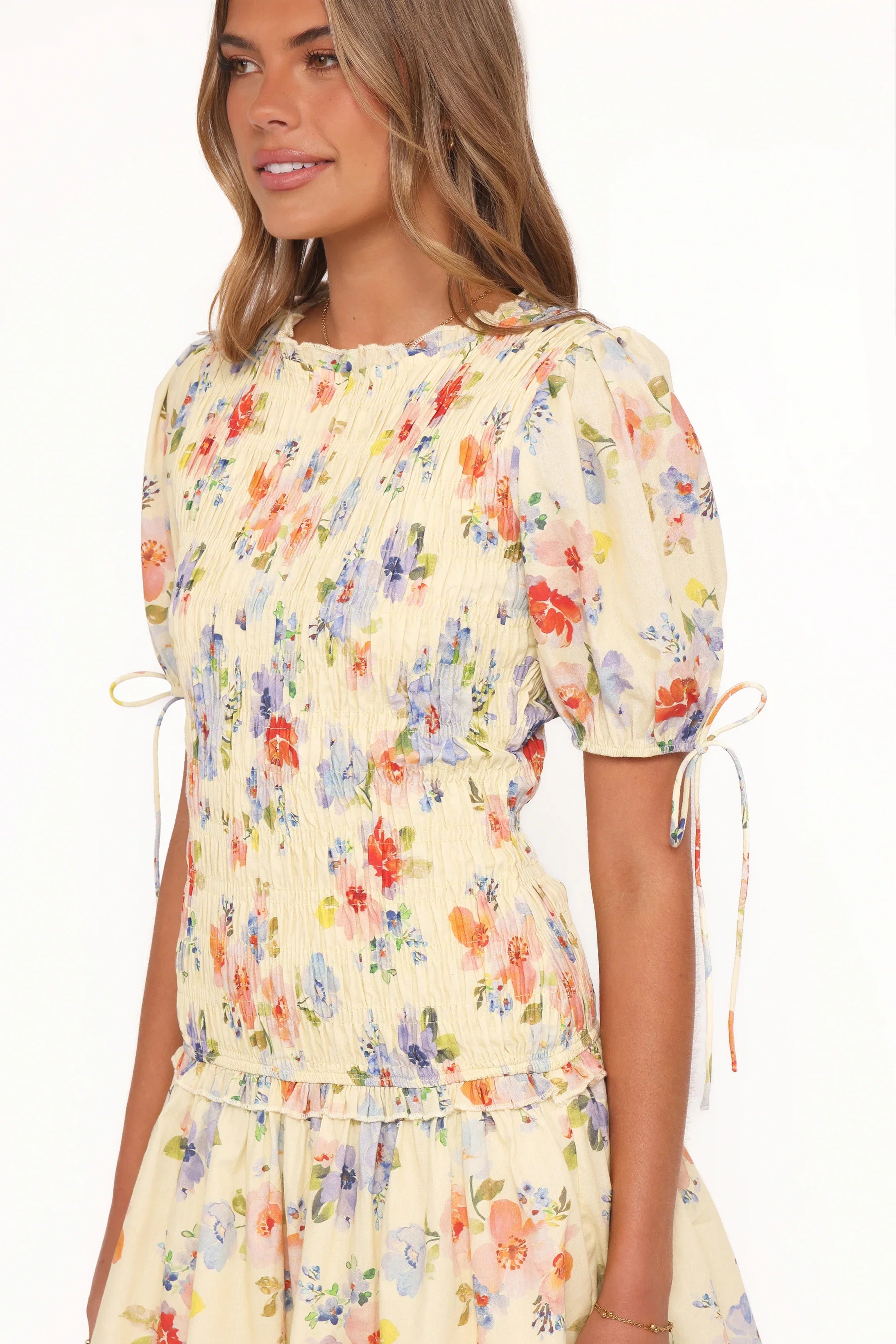 Kaelyn Gather Mini Dress Yellow Floral