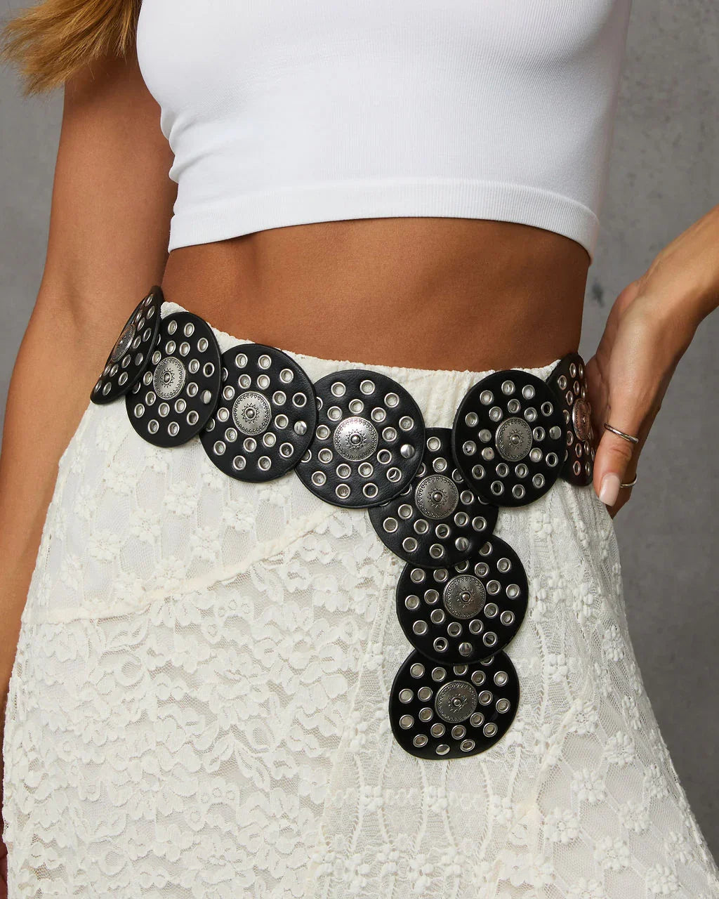 Videna Etched Grommet Hole Leather Belt
