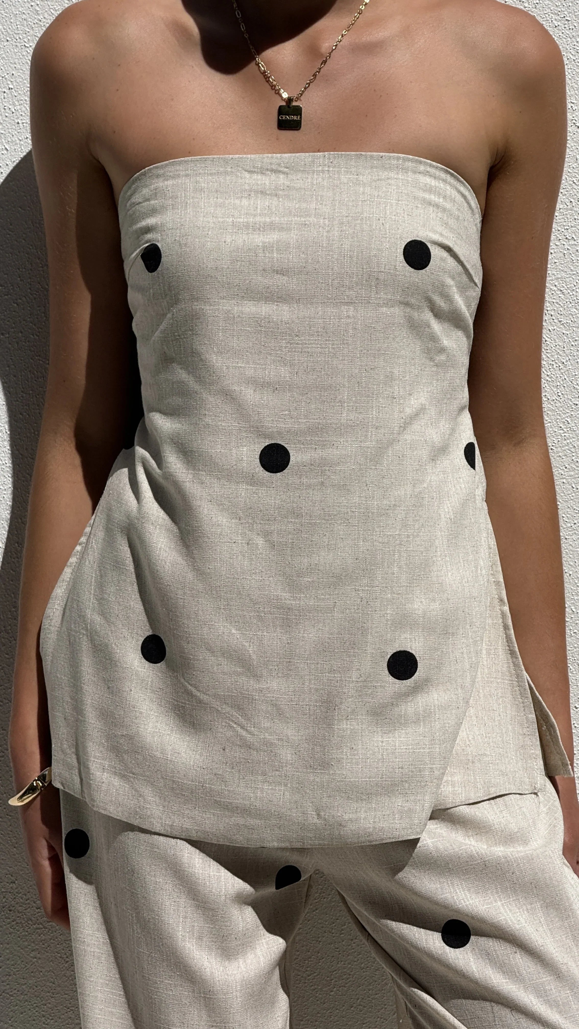 Kailani Strapless Top and Pants Set Oatmeal Black Polka Dot