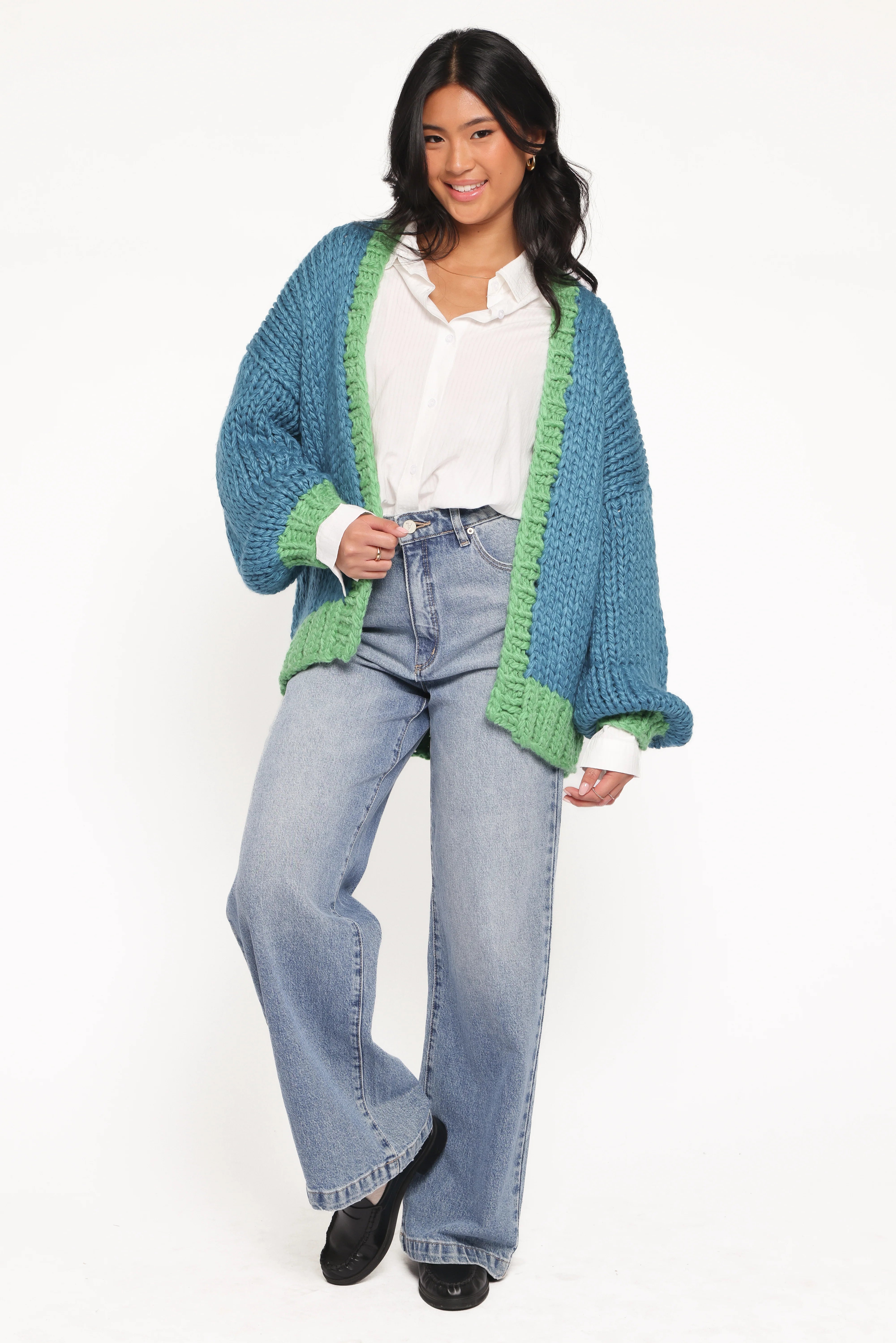 Anige Contrast Trim Cardigan Blue Green