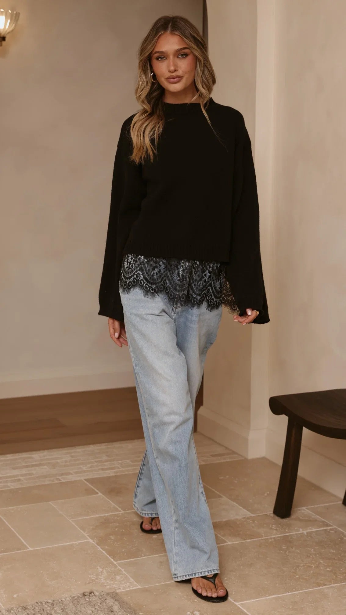 Kylan Lace Trim Sweater Black