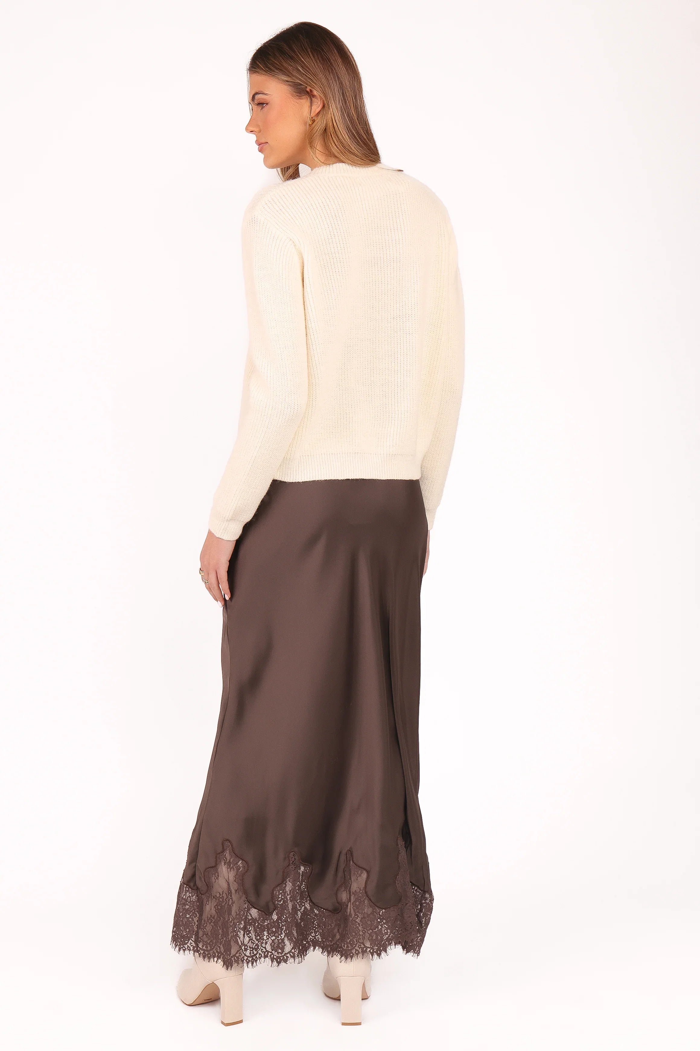 Alira Lace Trim Midi Skirt Brown