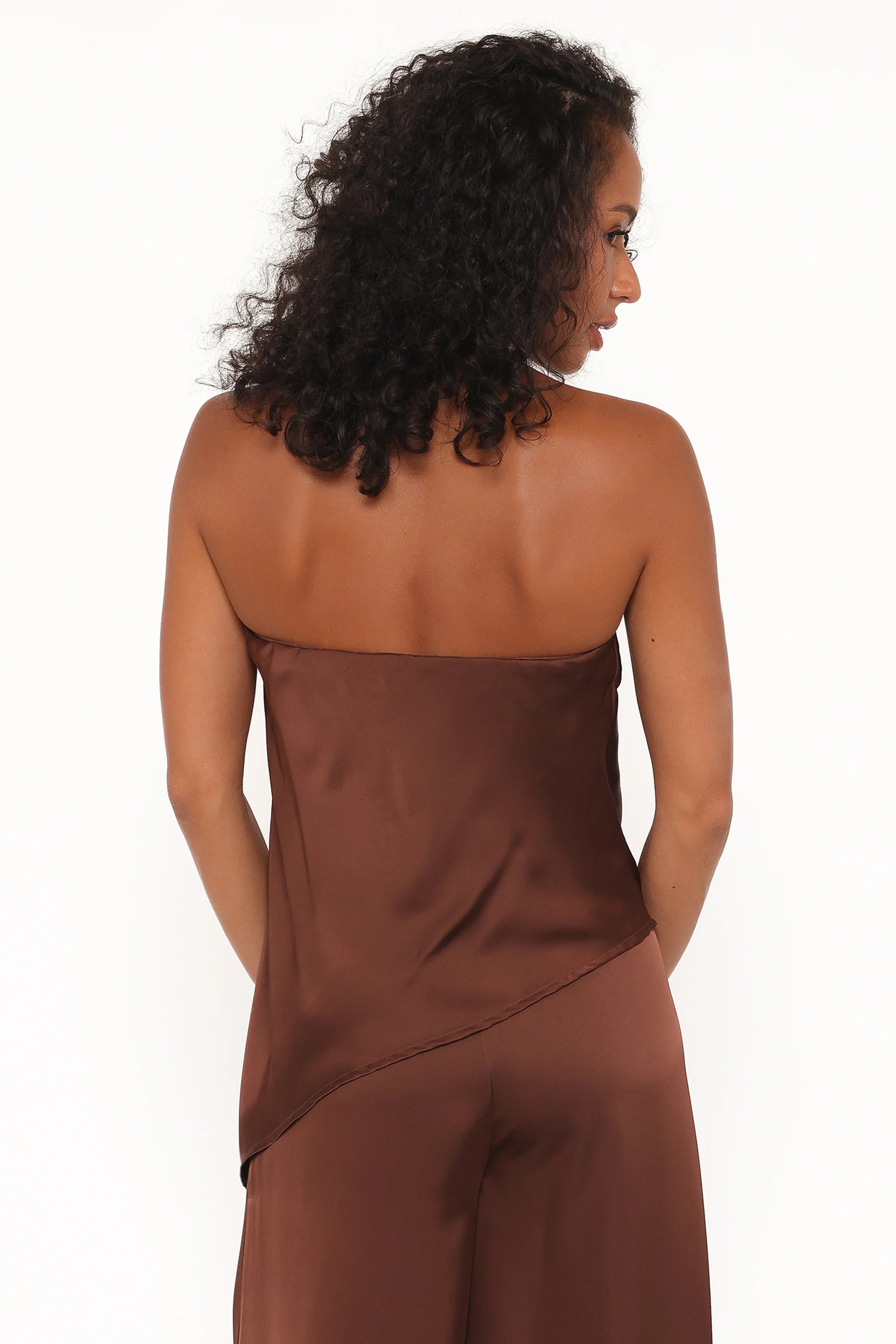 Charmer Asymmetrical Longline Strapless Top Dark Brown