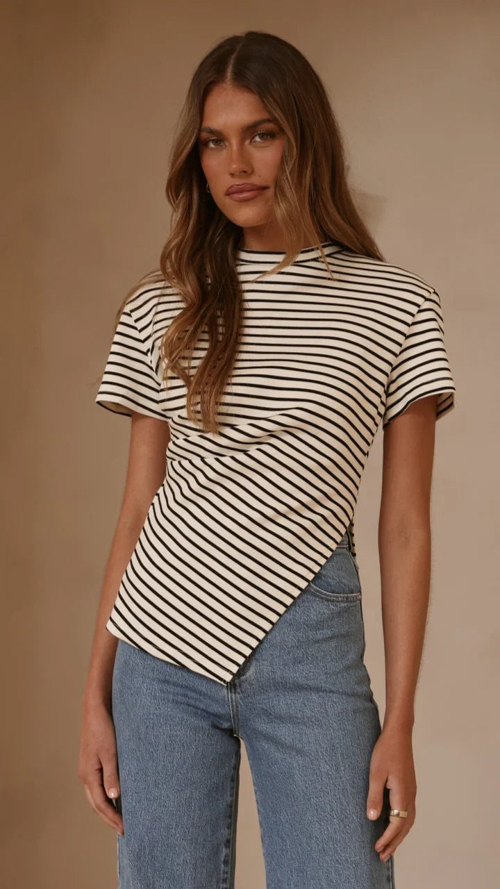 Tiarna Side Ruched Tee Black White Stripe