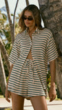 Lacole Button Up Shirt and Shorts Set Beige Green Stripe