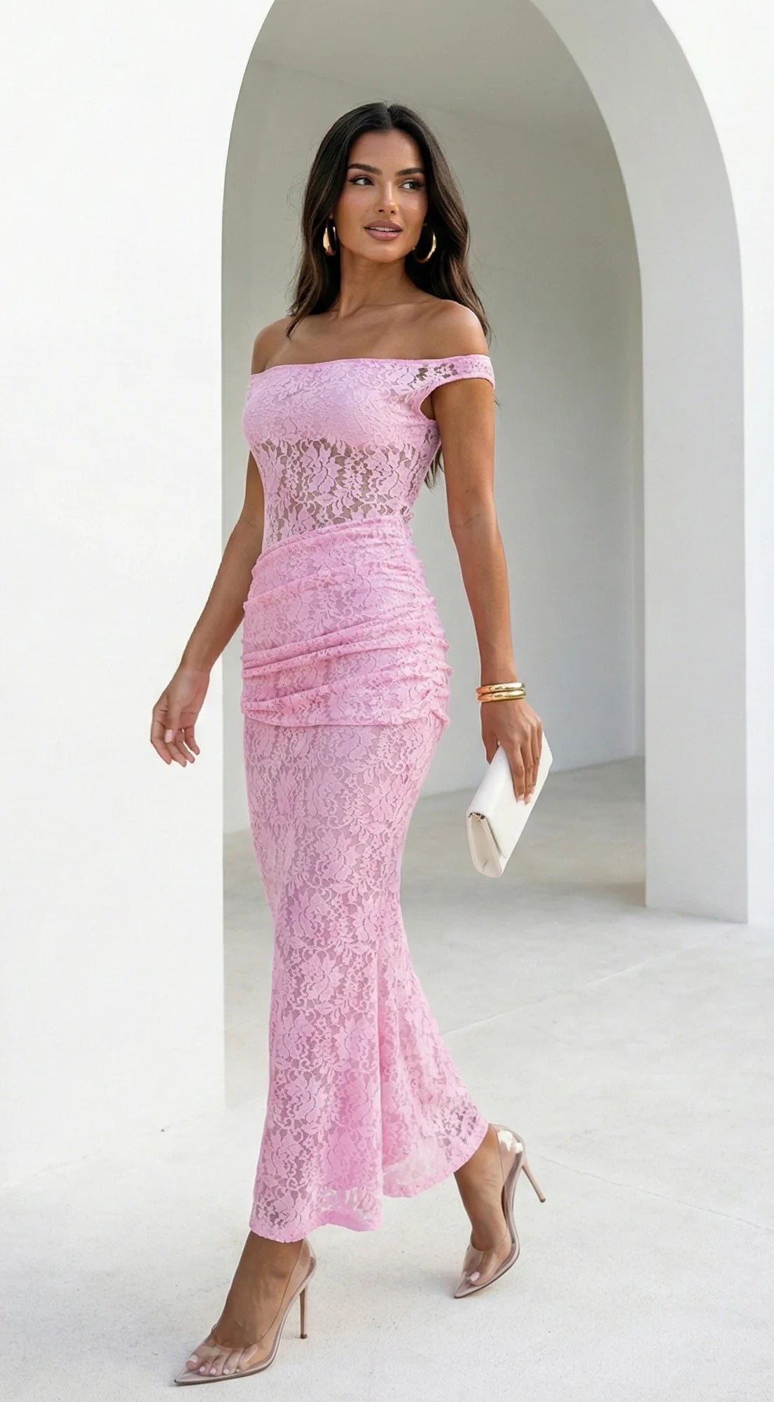Roselune Lace Off Shoulder Dress Pink