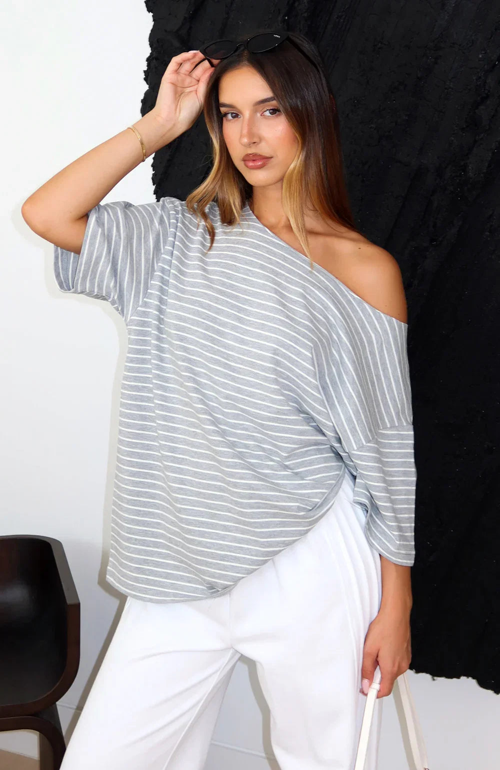 Give Me Options Off Shoulder Tee Grey White Stripe