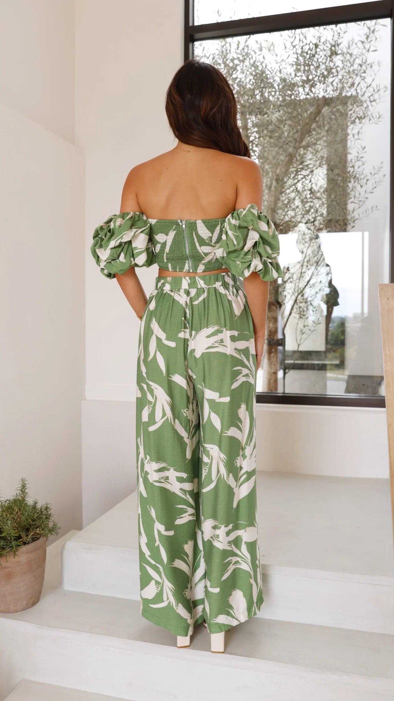 Callison Crop Top and Pants Set Green Print