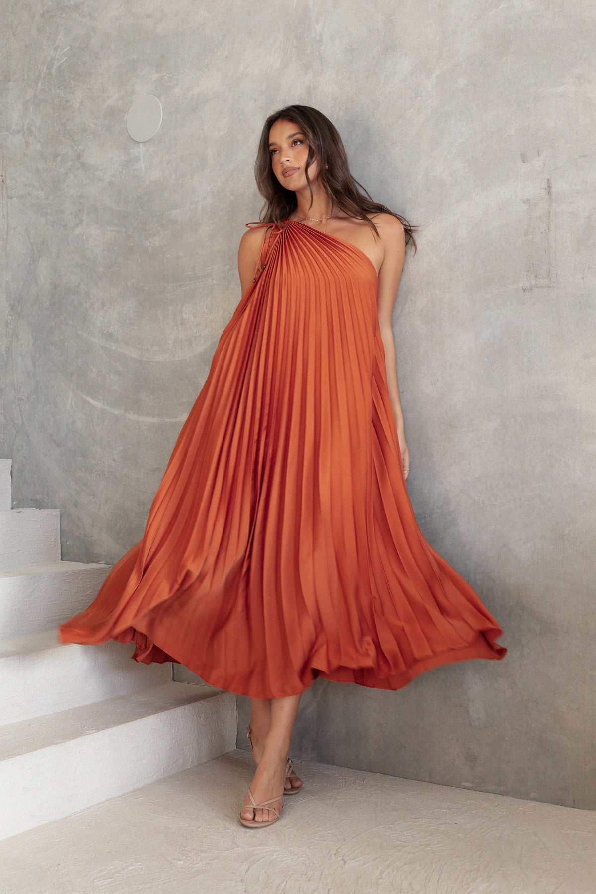 Selena One Shoulder Midi Dress Russet Bronze