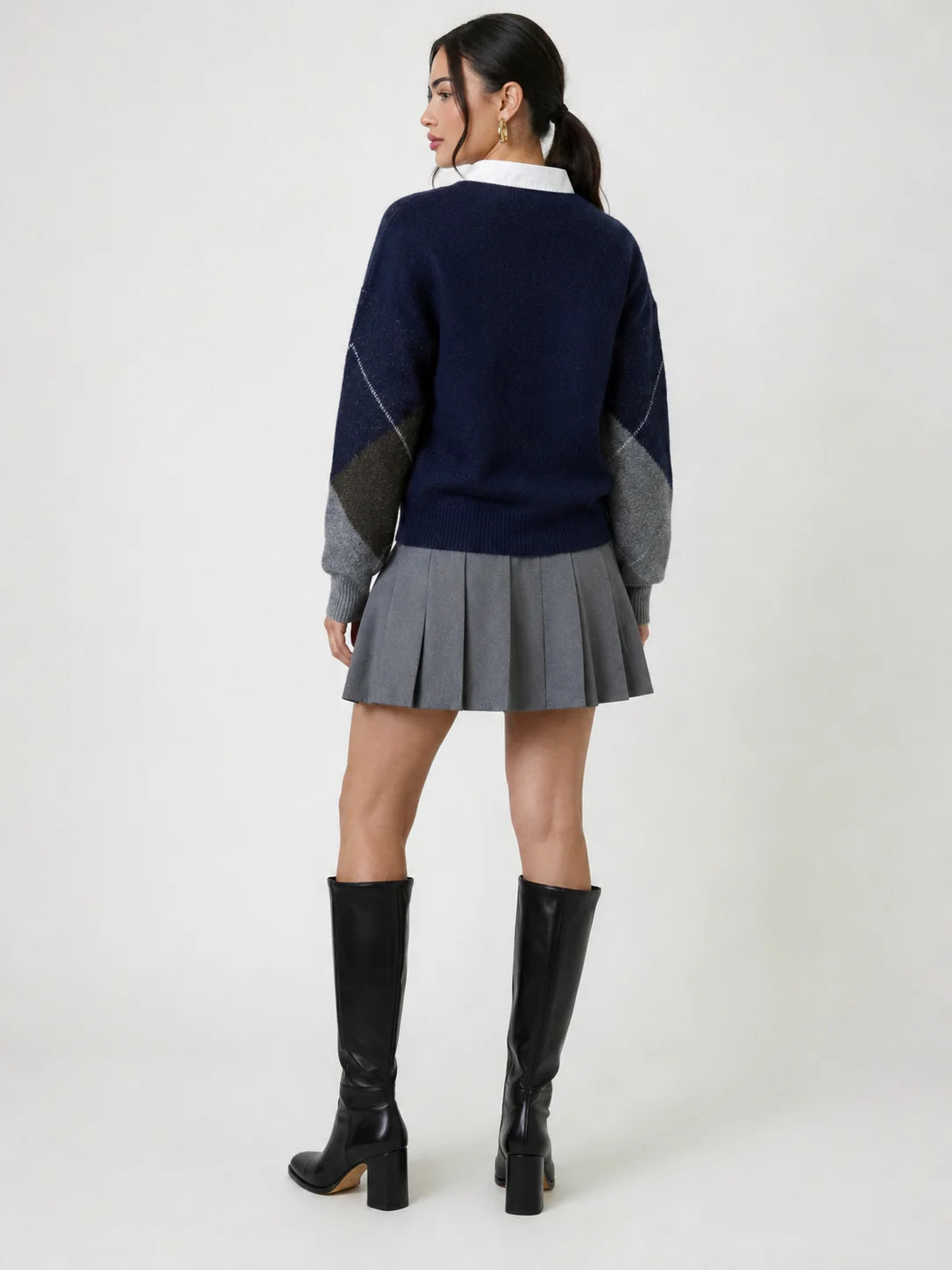 Noxley Argyle V Neck Long Sleeve Sweater Navy