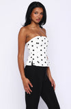 More Power Strapless Denim Top White Black Polka Dot