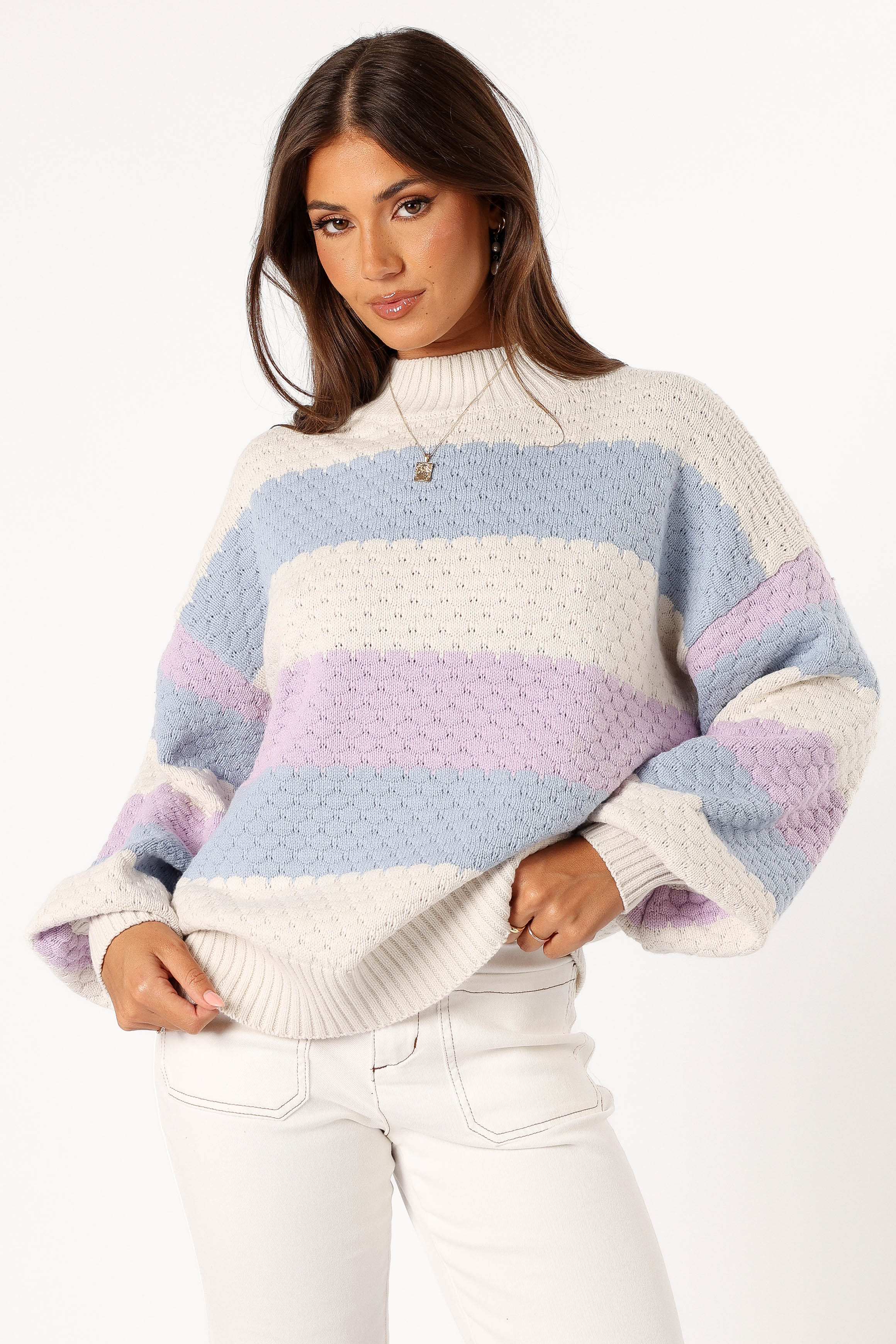 Dani Multi Stripe Knit Sweater White Light Blue