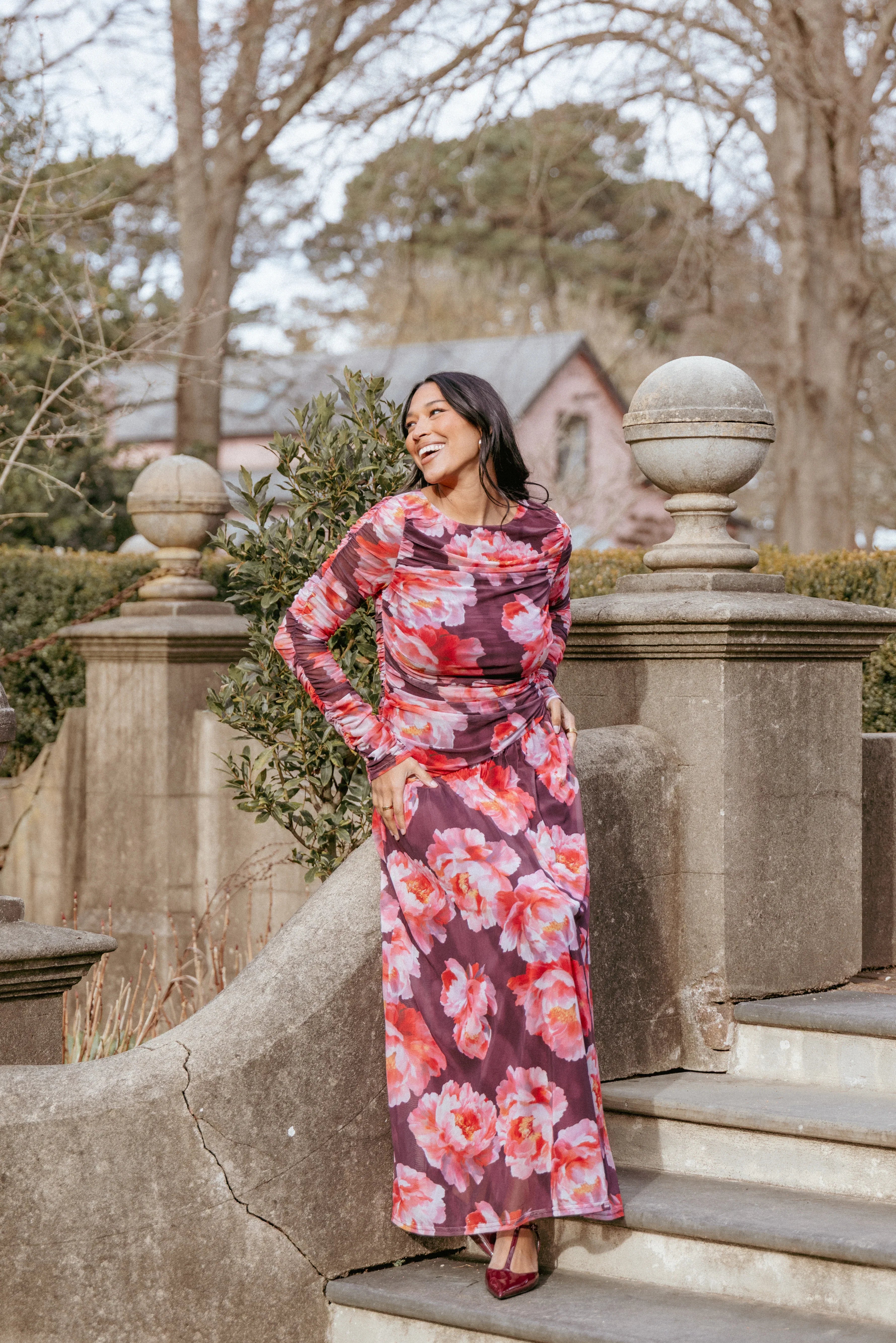Calypso Long Sleeve Maxi Dress Burgundy Peony