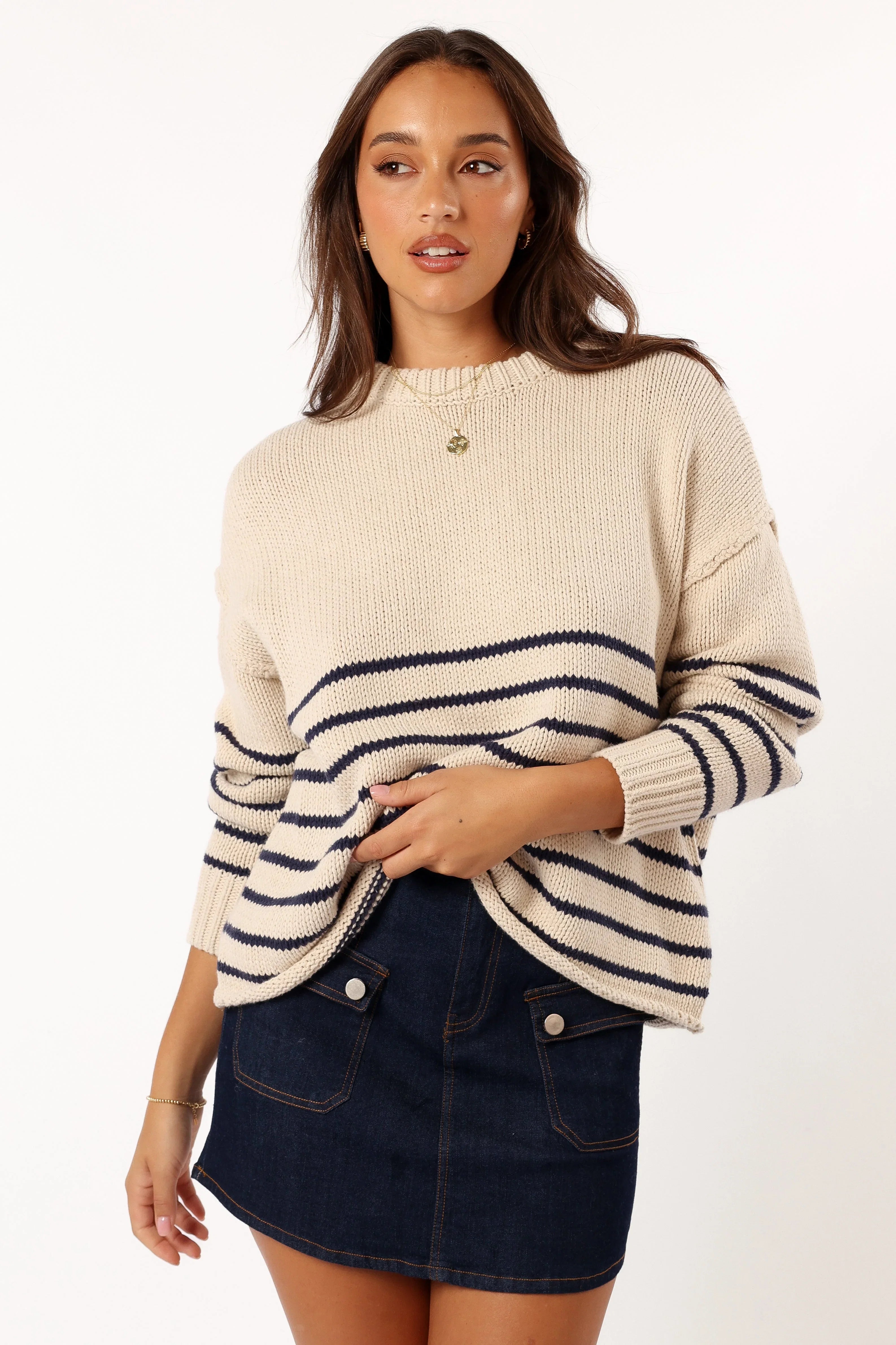 Tenzie Stripe Knit Sweater Natural Navy