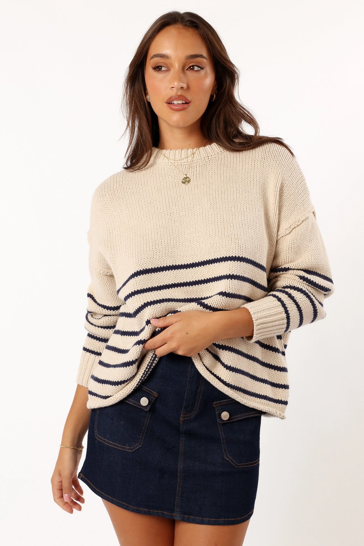 Tenzie Stripe Knit Sweater Natural Navy