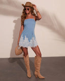Honey Sunset Chambray Lace Trim Mini Dress