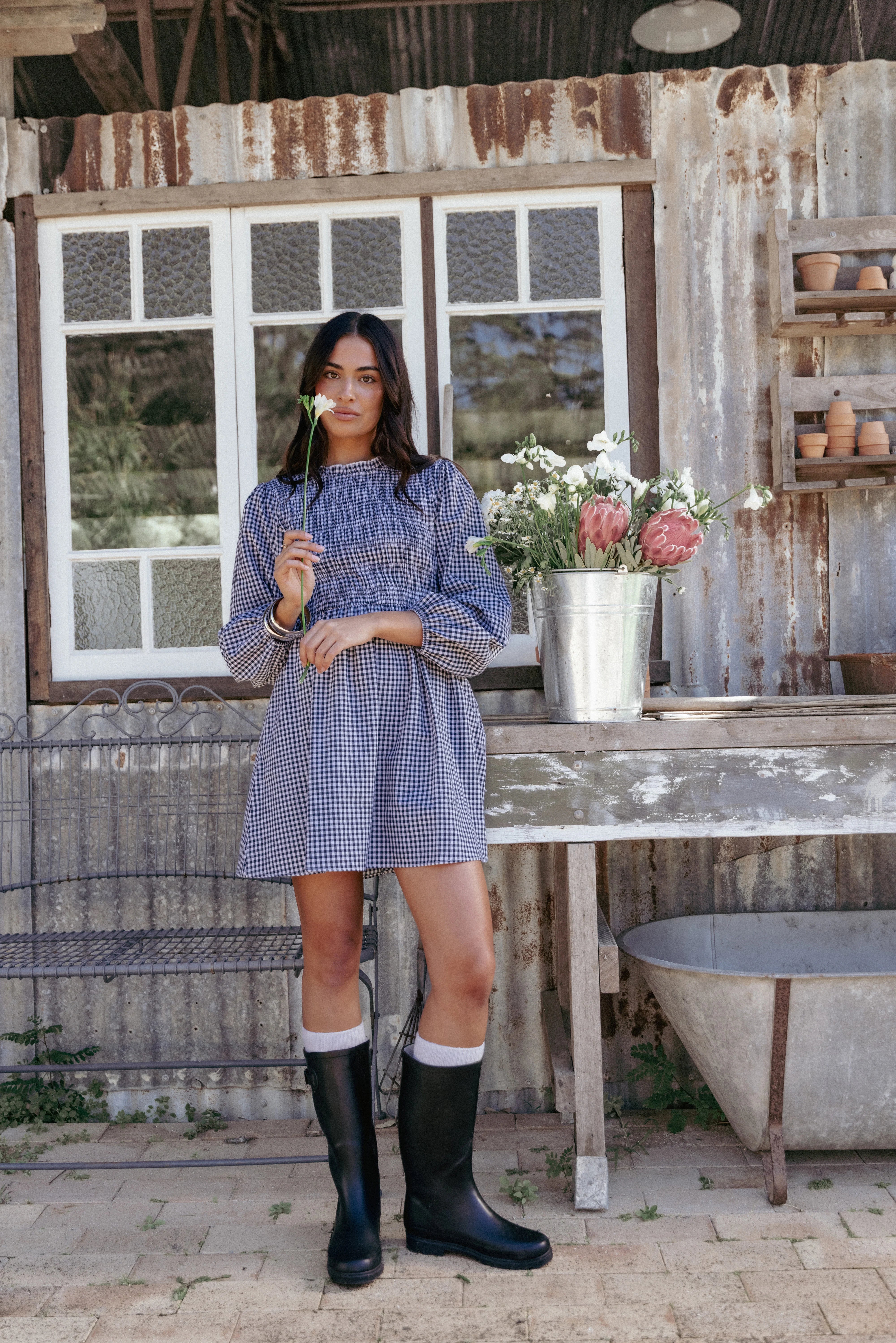 Jessen Long Sleeve Mini Dress Navy Gingham
