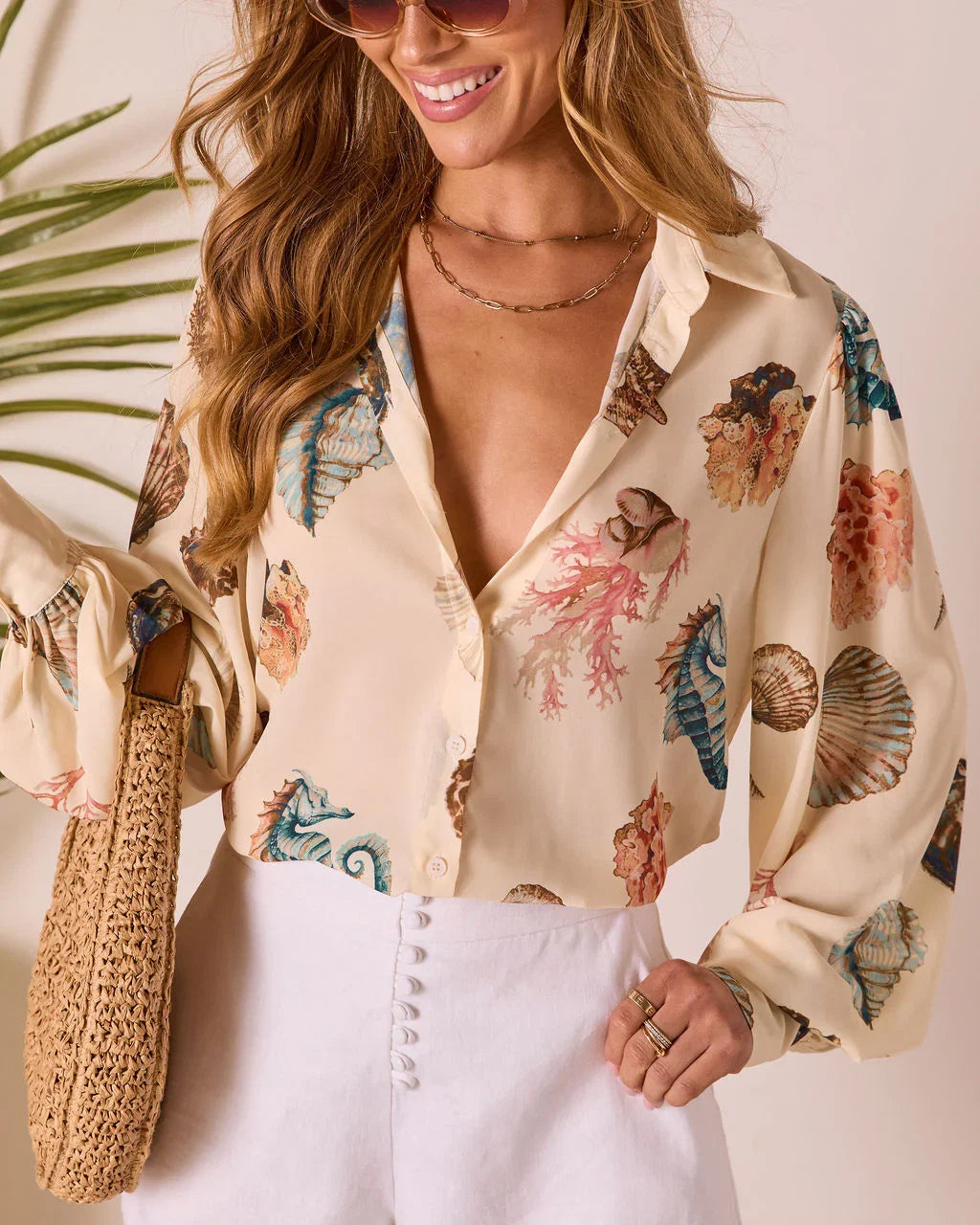 Ocean Whisper Sea Life Print Button Up Top