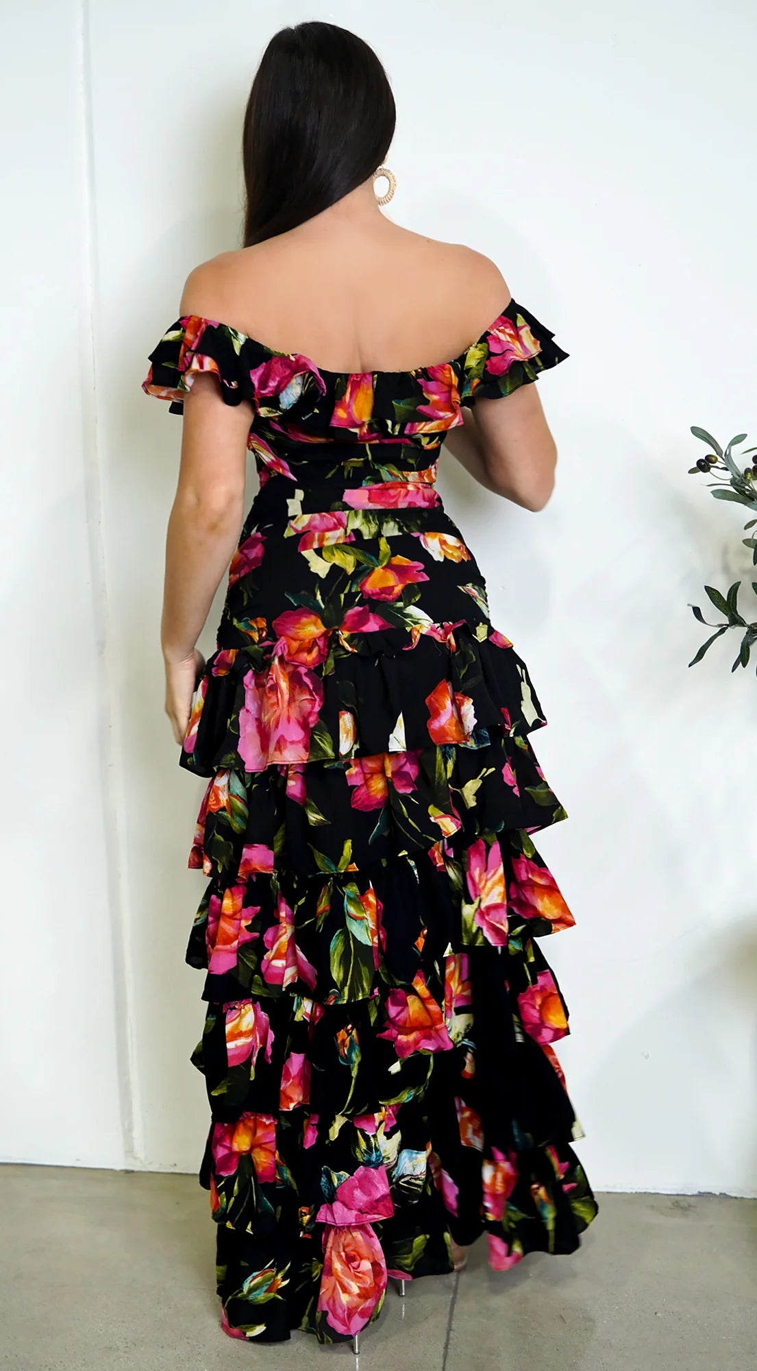 Eivissa Floral Off Shoulder Ruffle Tier Maxi Dress Black