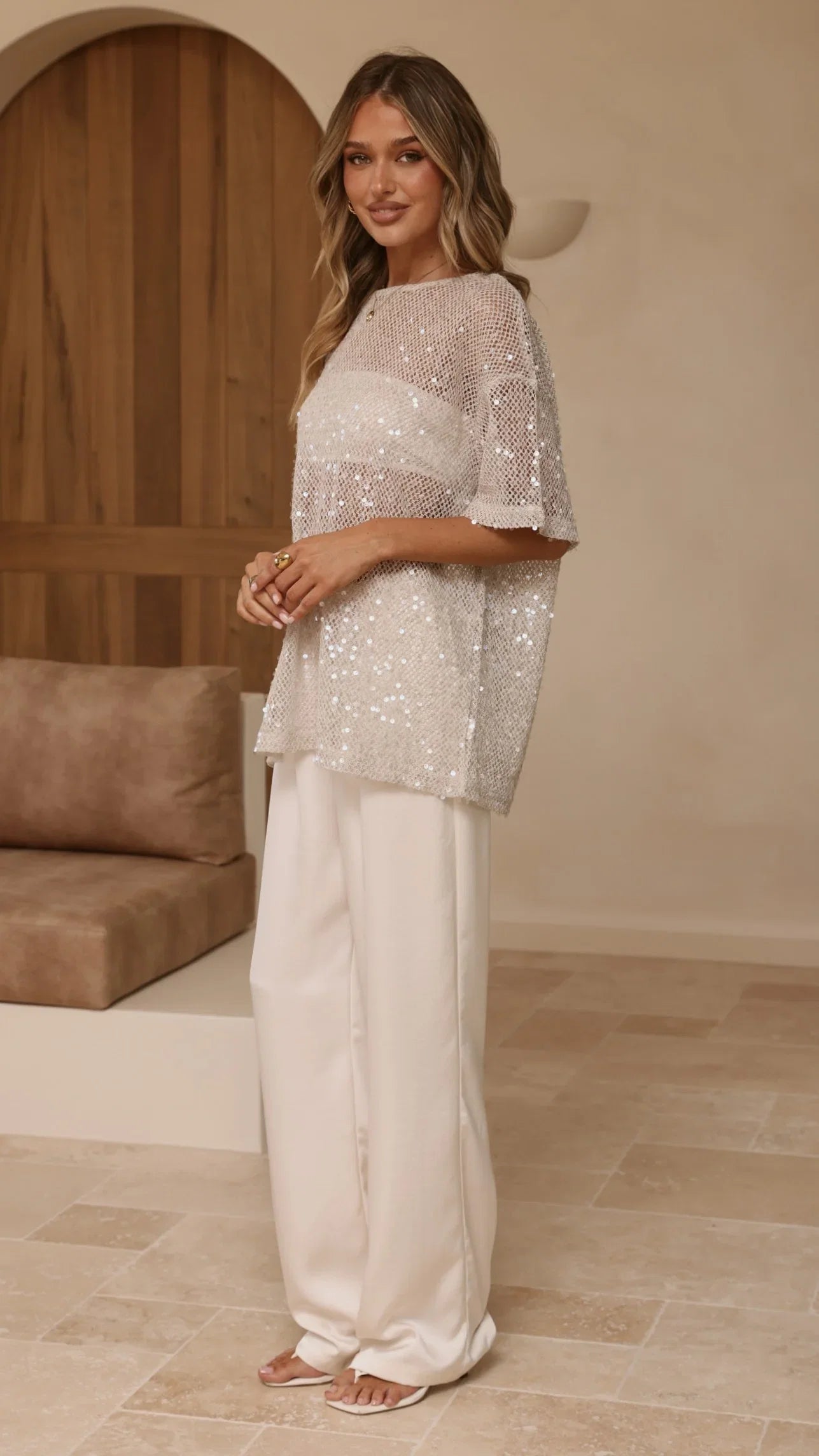 Varni Oversized Sequins Tee Beige