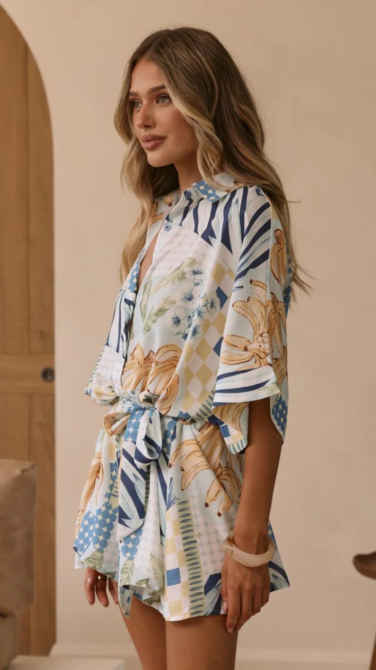 Farrah Playsuit Blue Yellow Print