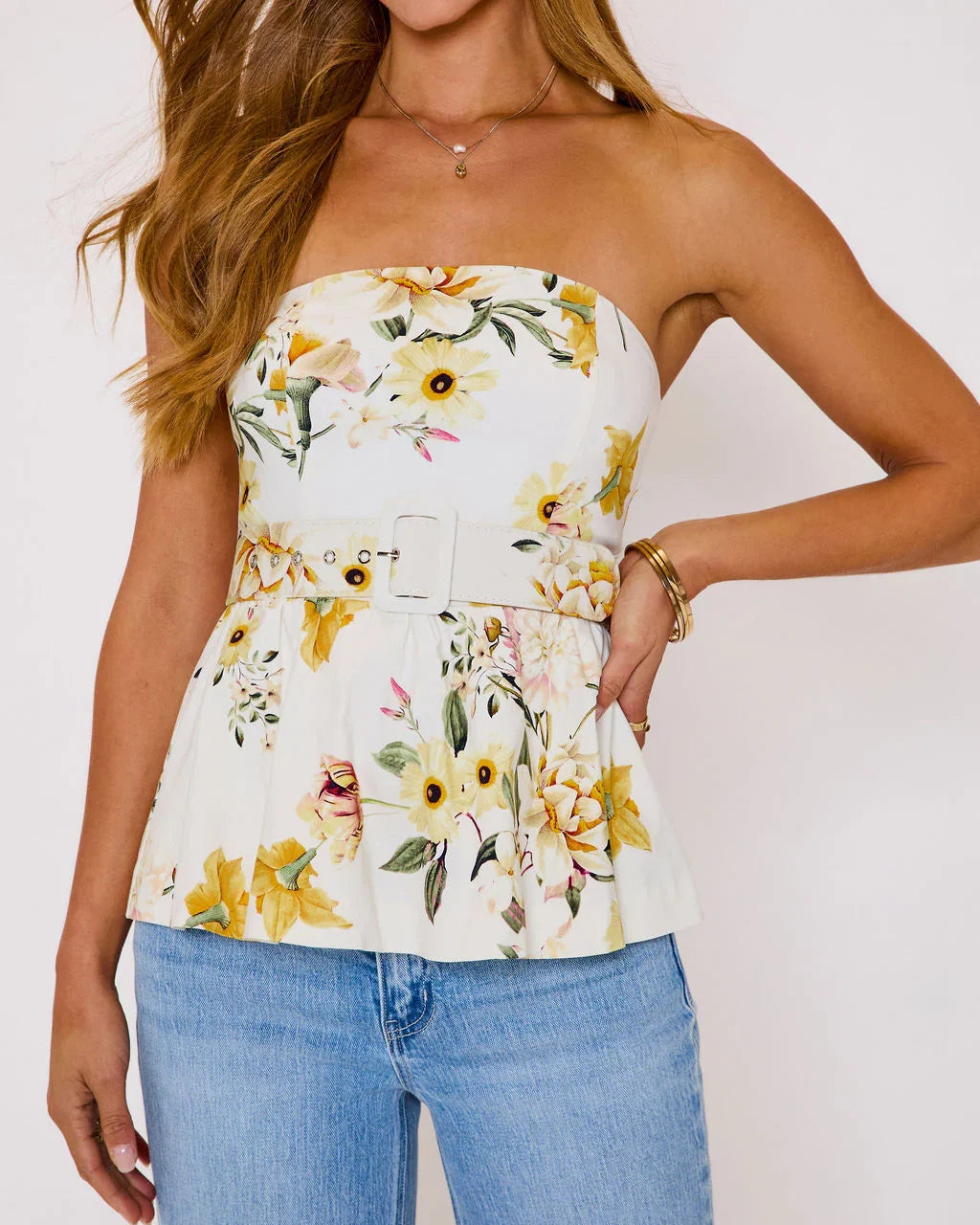 Honey Morning Floral Belted Peplum Top