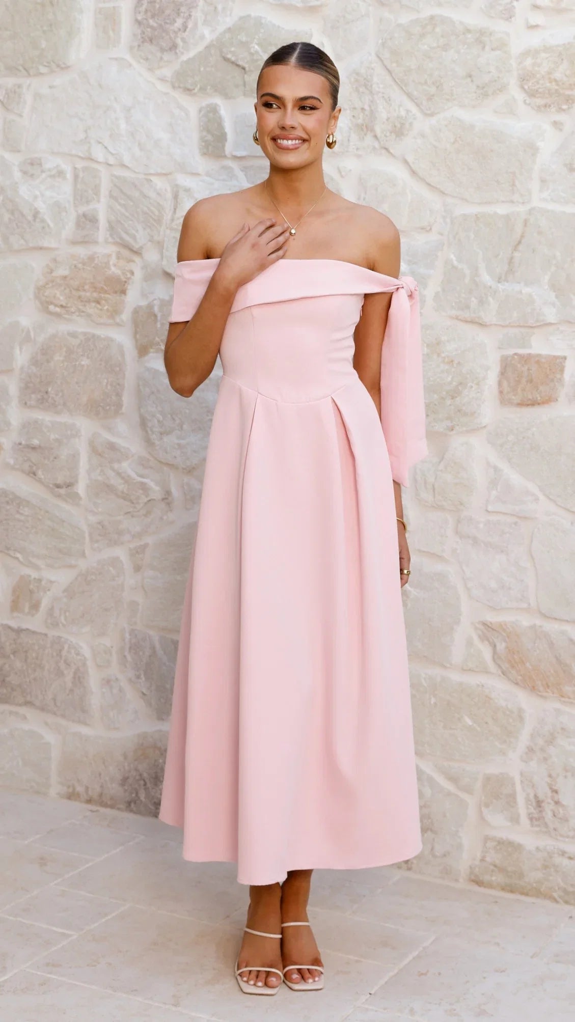 Bentley Off Shoulder Midi Dress Pink