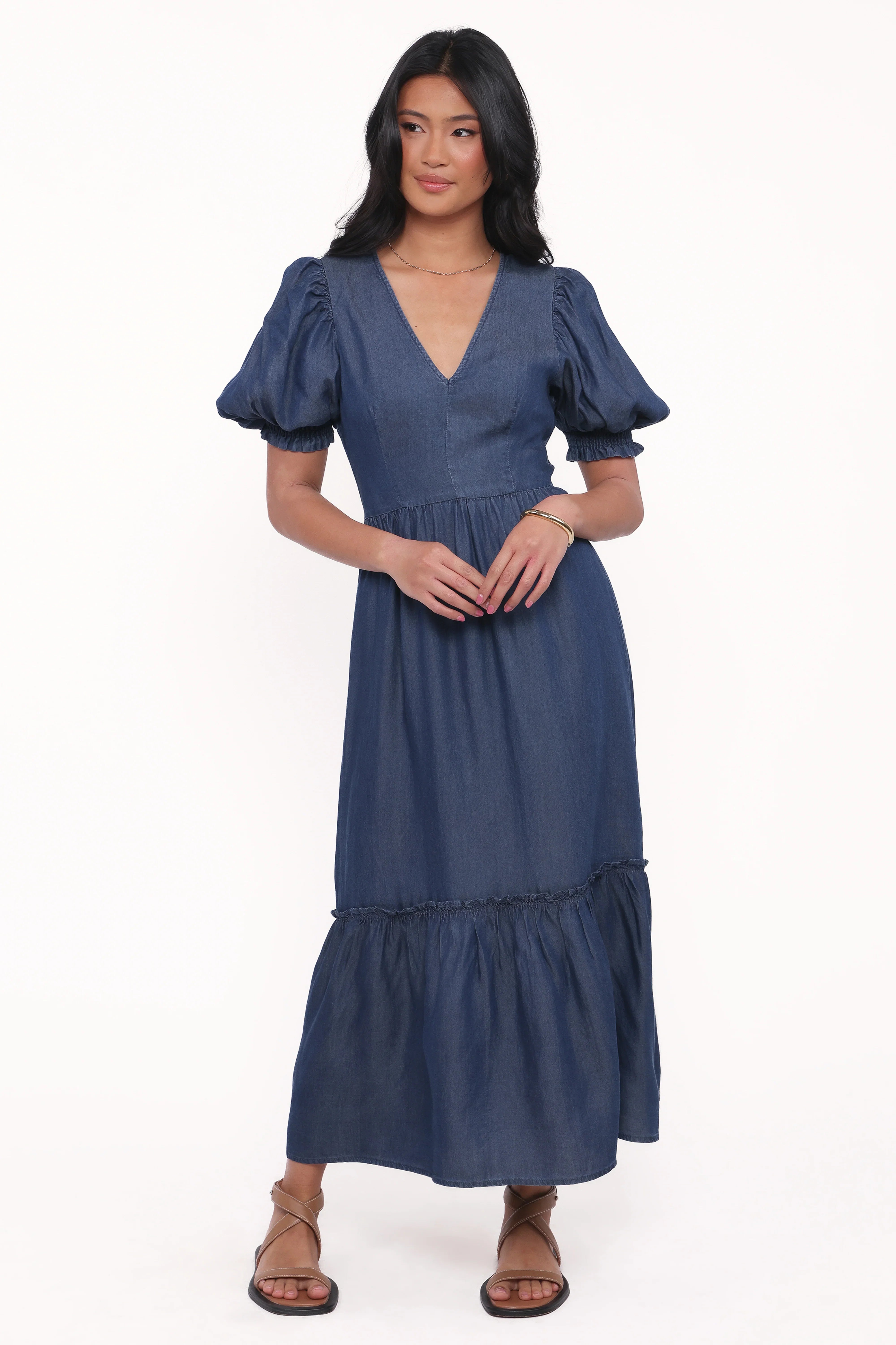 Steele Puff Sleeve Midi Dress Dark Denim