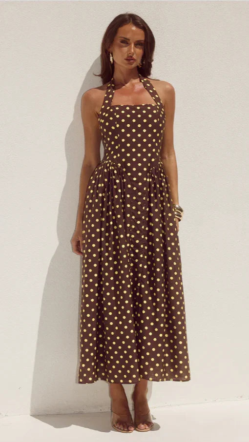 Sammi Halter Midi Dress Choc Lemon Polka