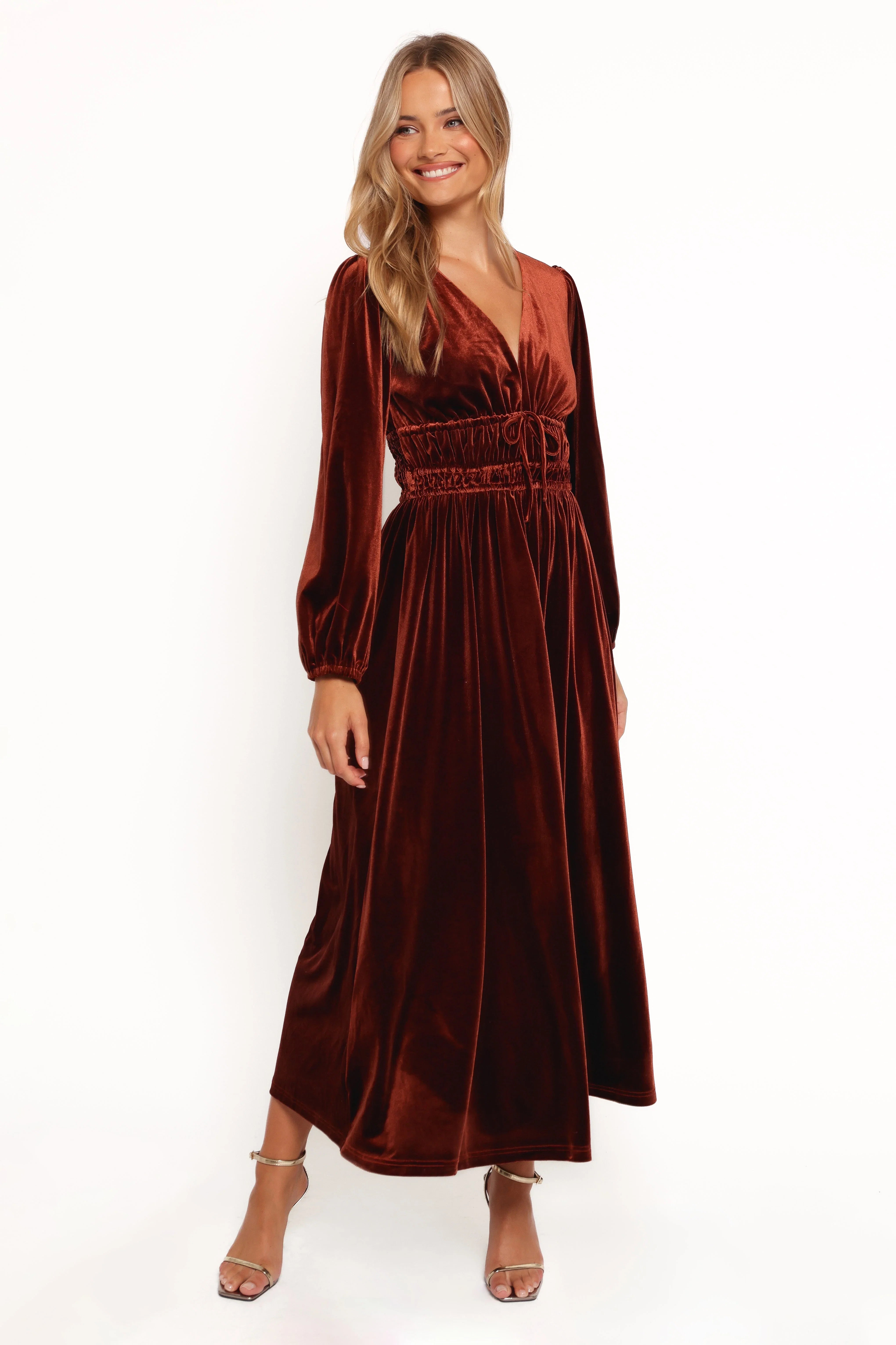 Cece Velvet Long Sleeve Maxi Dress Rust