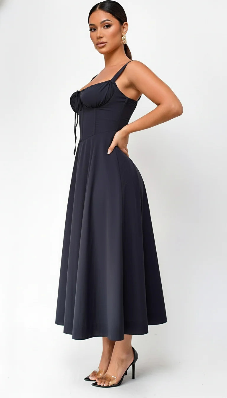 Noura Bustier Lace Up Midi Dress Black
