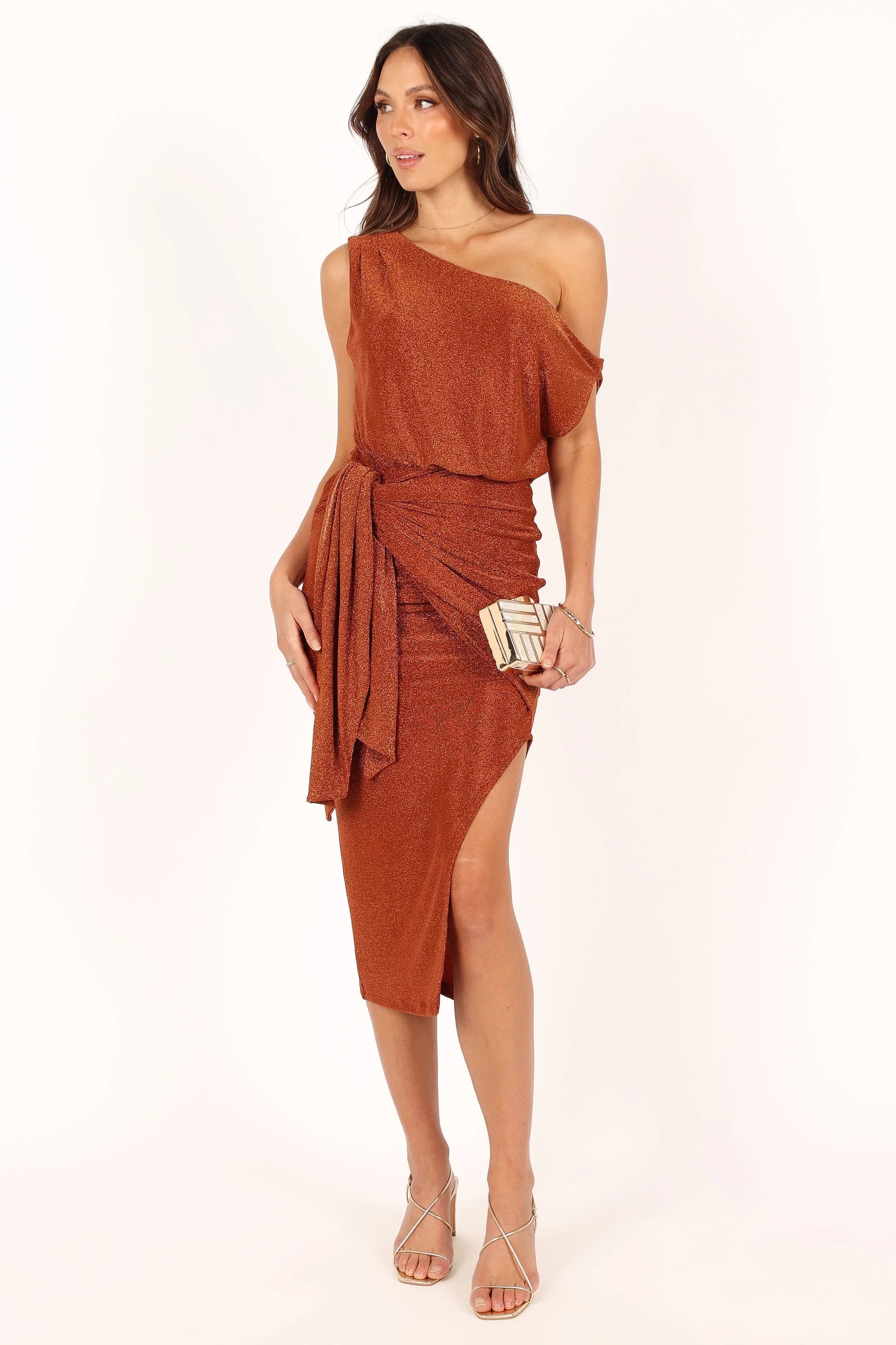 Santiago Off Shoulder Midi Dress Bronze