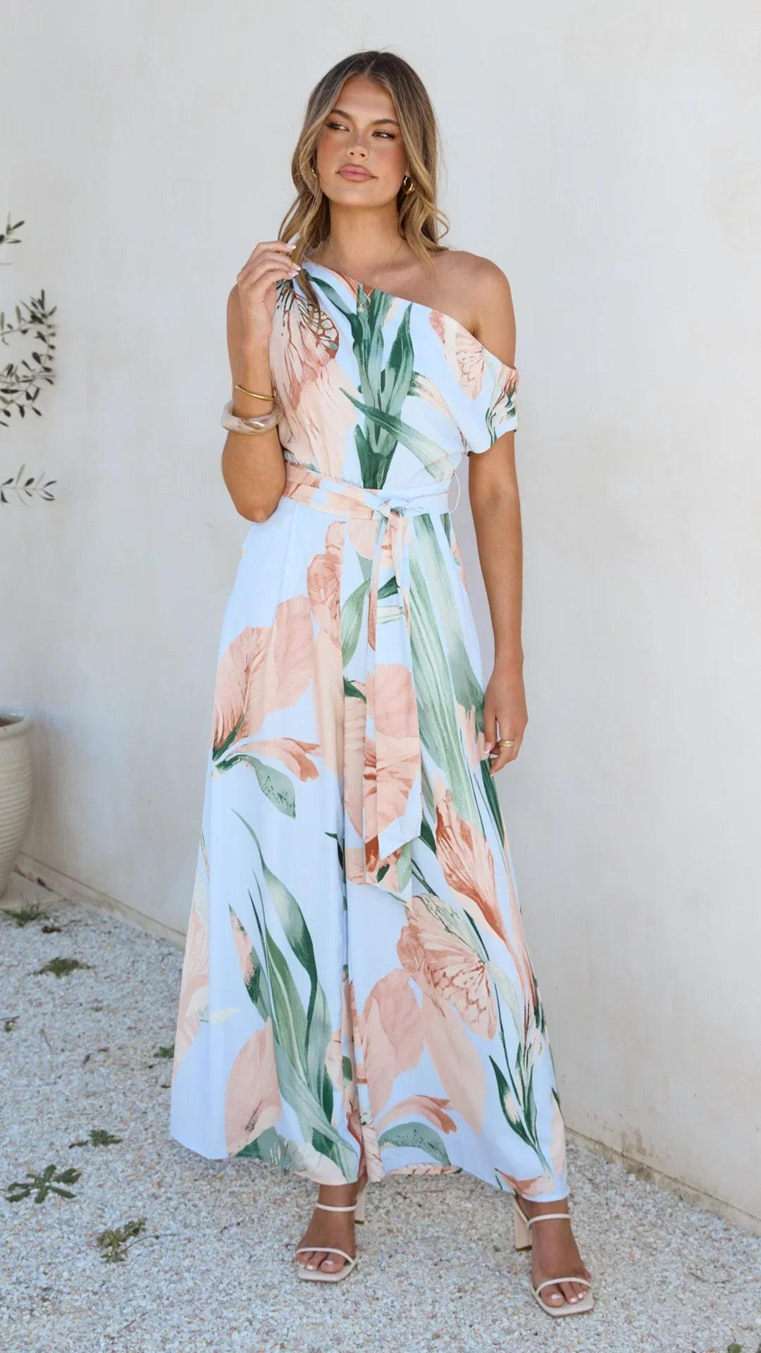 Oasis One Shoulder Jumpsuit Blue Peach Floral