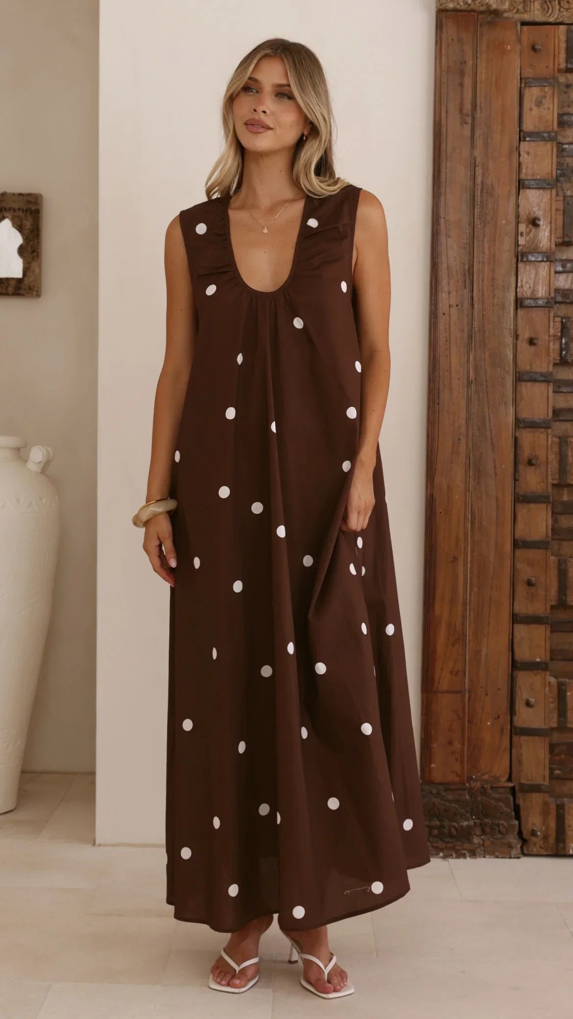 Scout Maxi Dress Chocolate White Polka