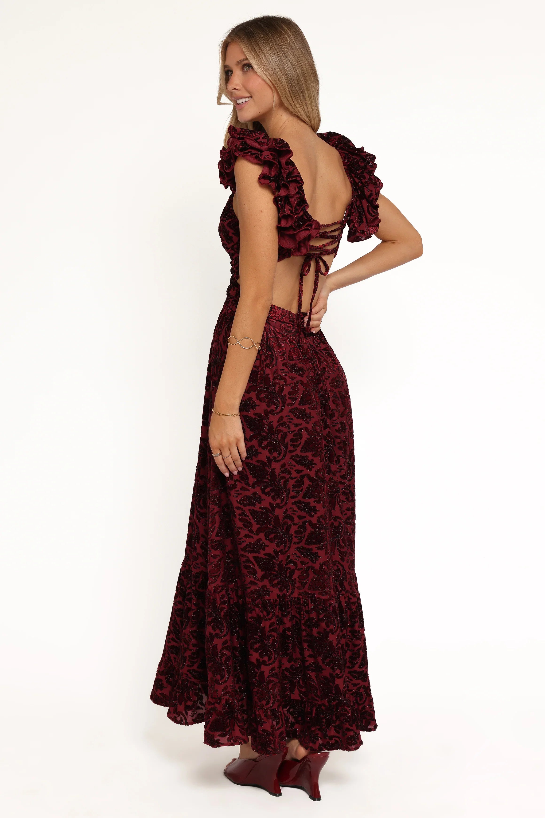 Harmony Maxi Dress Burgundy Metallic Floral