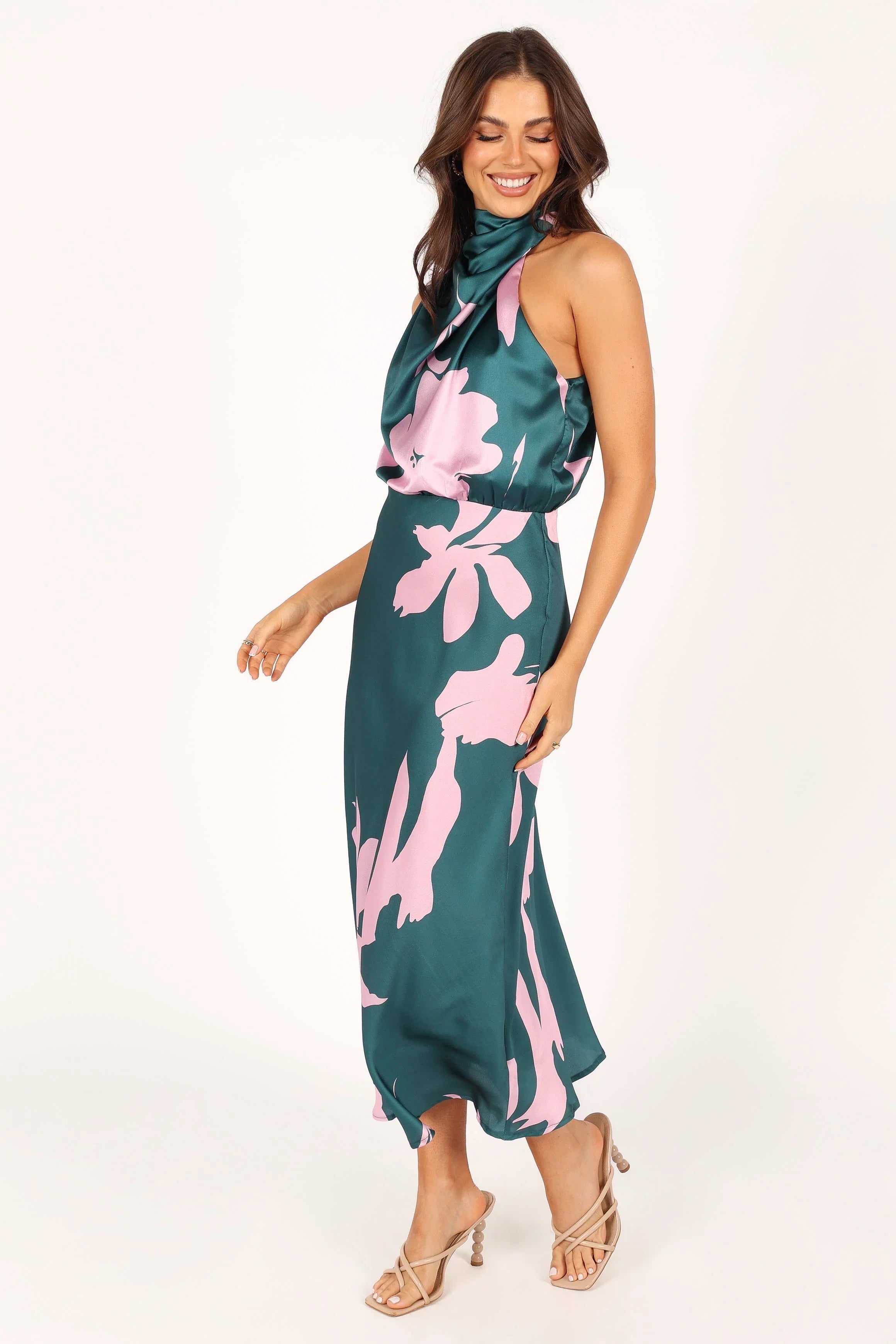 Anabelle Halter Neck Midi Dress Green Pink