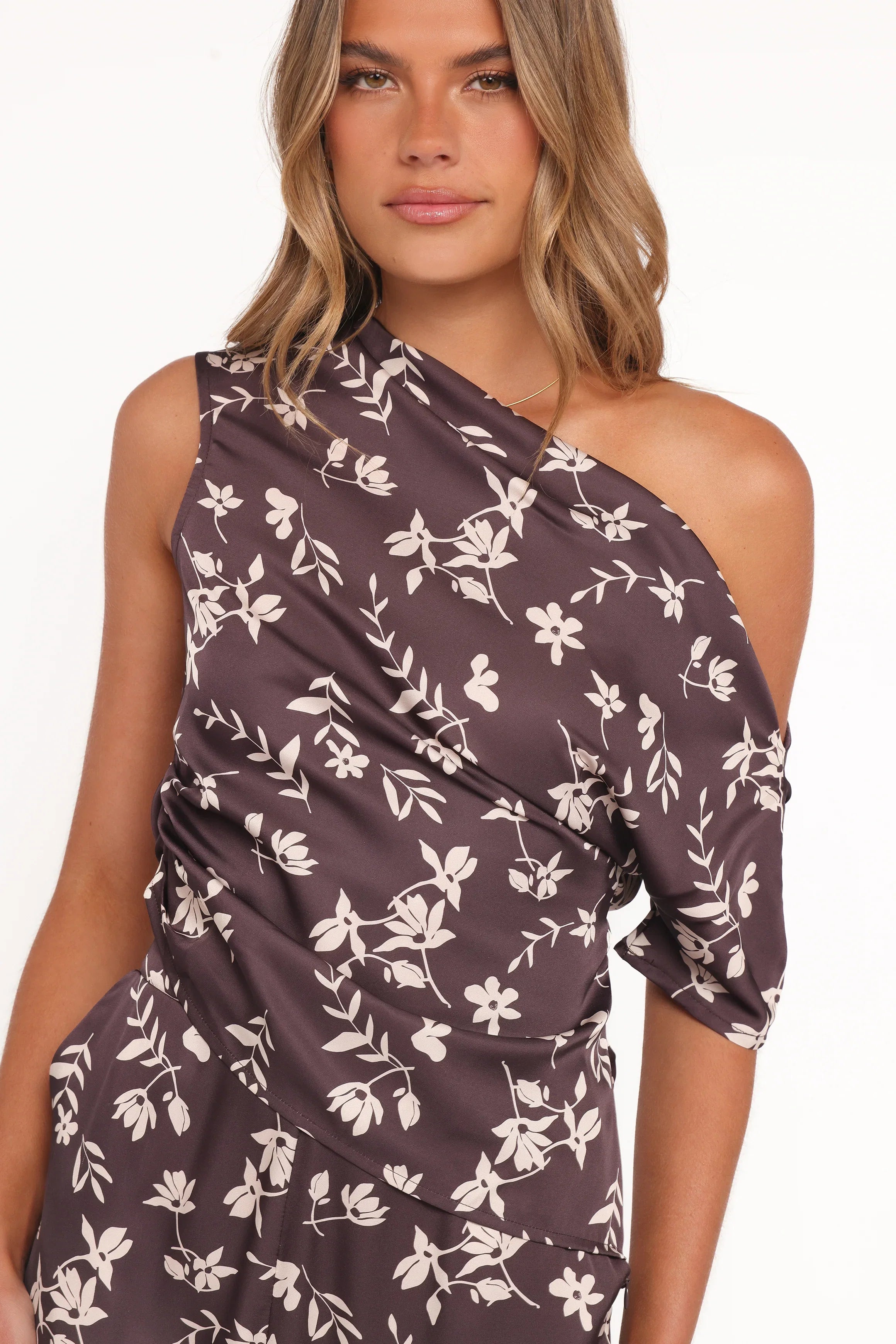 Romola Off Shoulder Top Brown Cream Floral